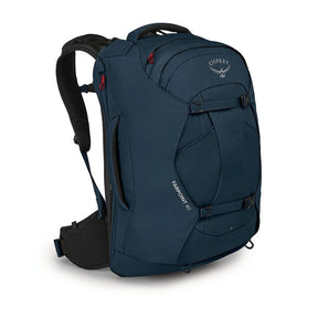 Osprey Farpoint 40 Travel Pack: Zaino da viaggio da 40 litri. Caratterizzato da pannello posteriore a scomparsa, apertura a valigia, cinghie di compressione interne e tasca imbottita per laptop. Design ergonomico e resistente ideale per viaggiatori dinamici.