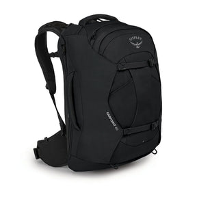 Osprey Farpoint 40 Travel Pack: Zaino da viaggio da 40 litri. Caratterizzato da pannello posteriore a scomparsa, apertura a valigia, cinghie di compressione interne e tasca imbottita per laptop. Design ergonomico e resistente ideale per viaggiatori dinamici.
