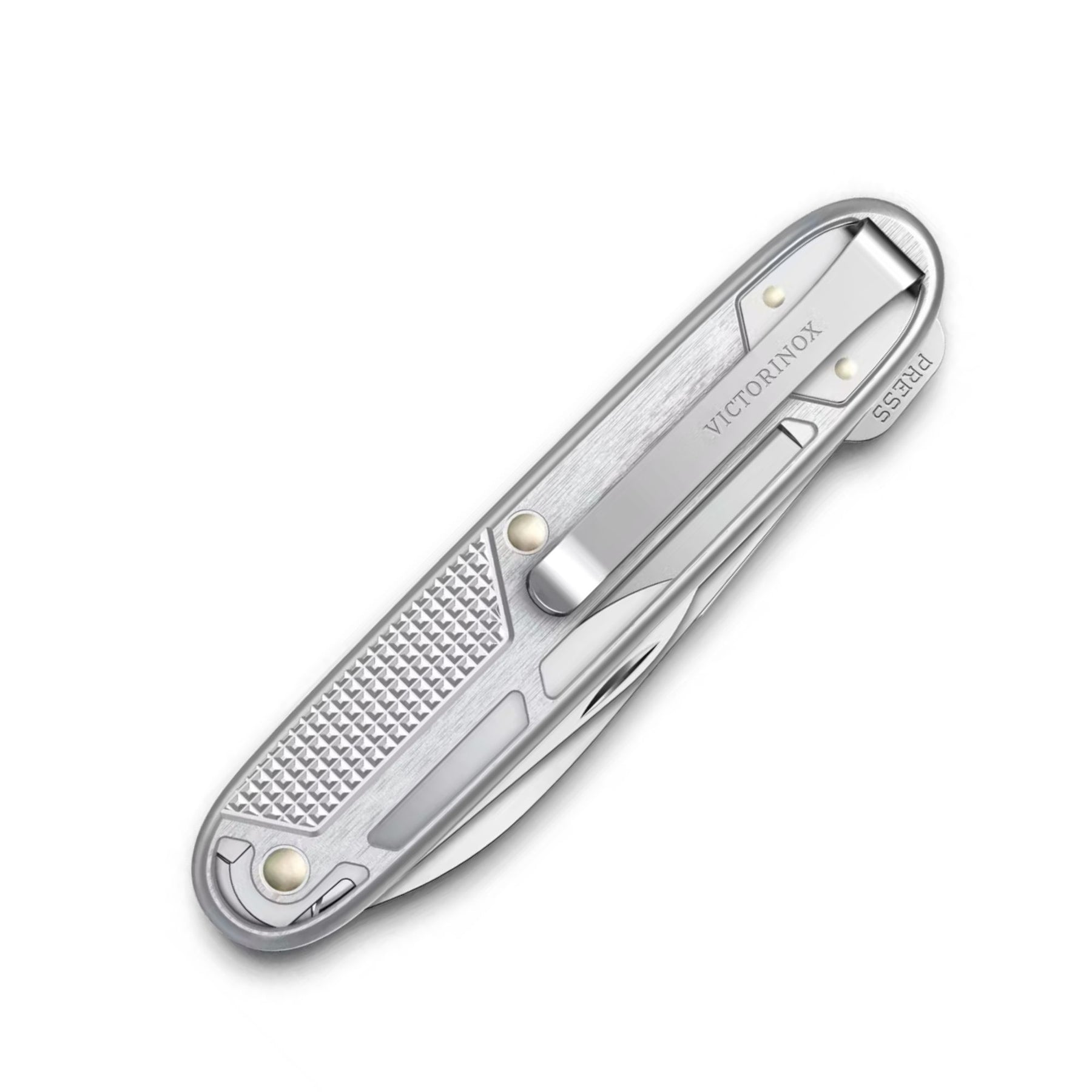 Victorinox Synergy Alox. Multiuso serie Alox Refined con guancette in alluminio scheletrato e clip integrata. Dotato di 9 funzioni tra cui lama principale bloccabile, strumento apripacchi, lima e cacciaviti. Design minimalista moderno per porto quotidiano.