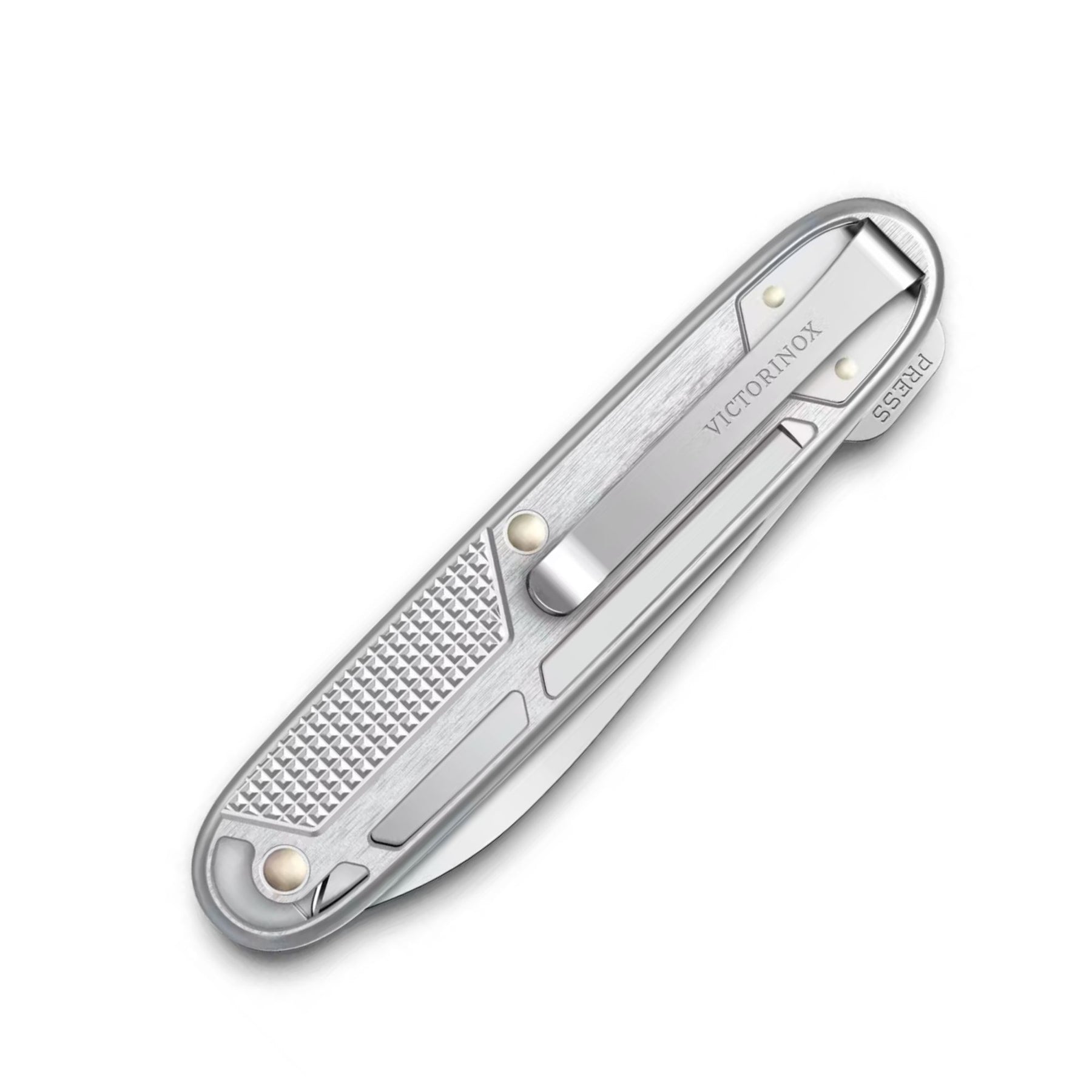 Victorinox Onefold Alox. Coltello chiudibile a lama singola liscia. Guancette in alluminio strutturato con fresature decorative e design scheletrato ultrapiatto. Strumento essenziale e leggero ideale per il porto quotidiano EDC minimalista.