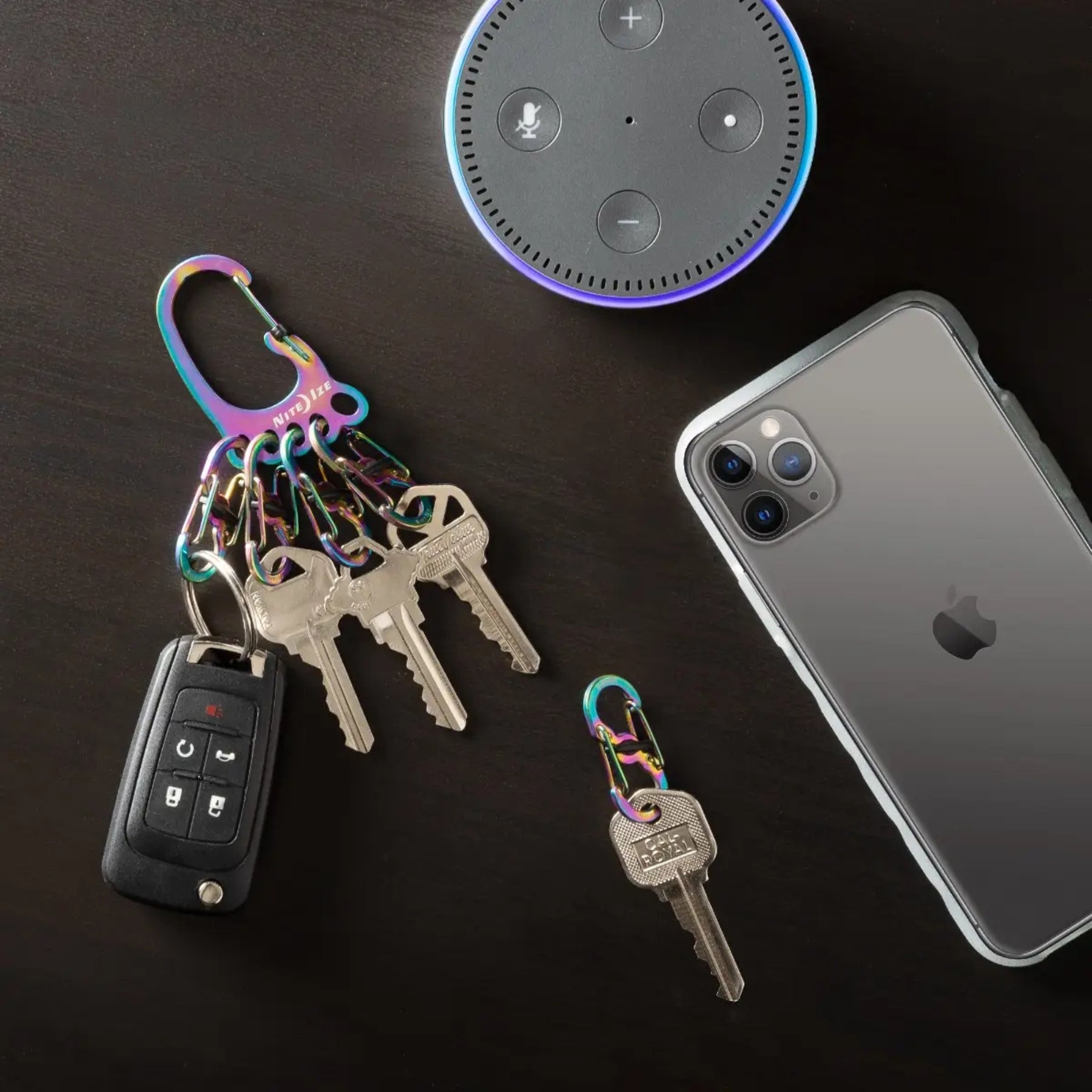 Nite Ize Bigfoot Locker Keyrack Stainless Steel moschettone portachiavi a forma di impronta con cinque piccoli S-Biner MicroLock con blocco, chiusura di sicurezza a scorrimento centrale per organizzazione chiavi e attrezzatura EDC