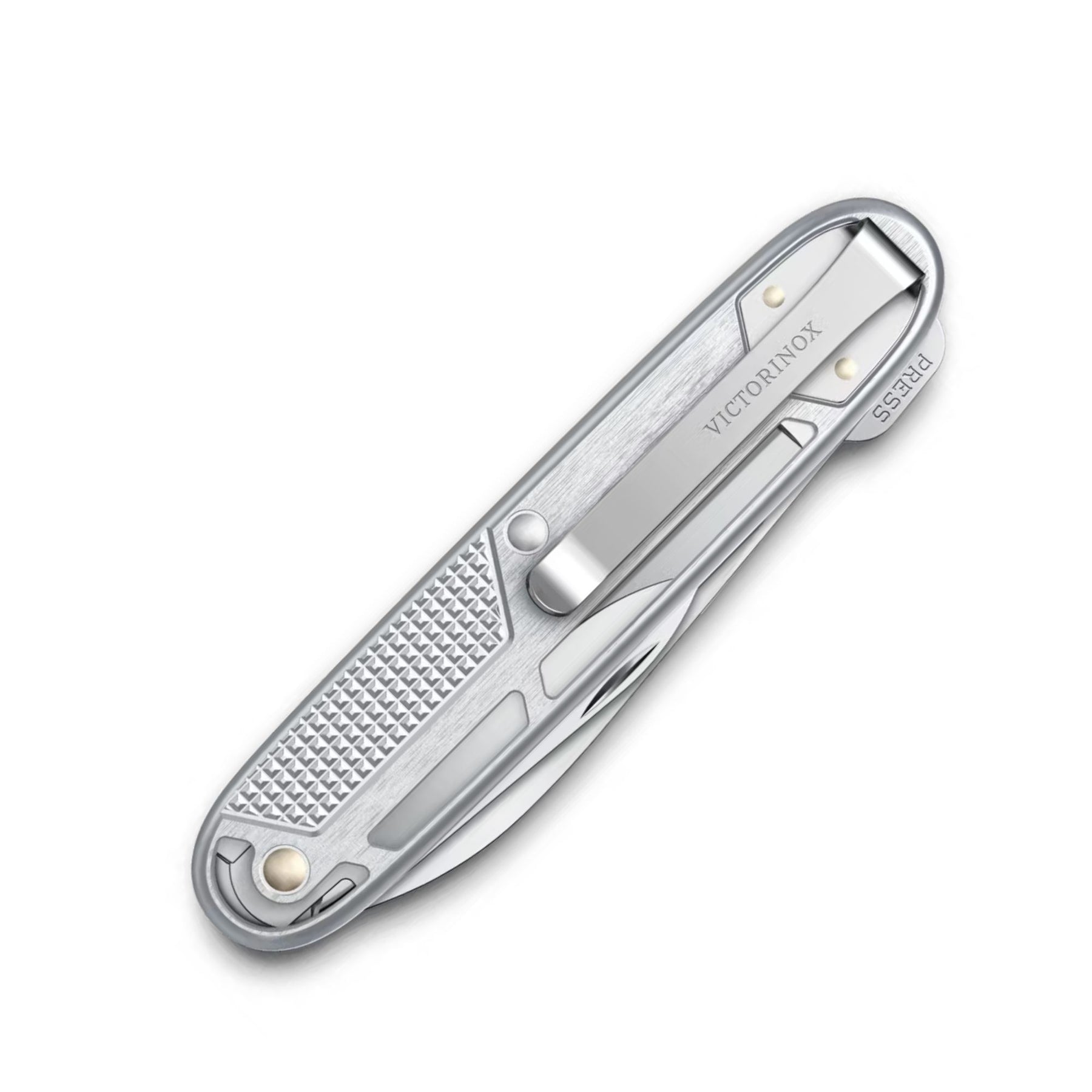 Victorinox Synergy X Alox. Multiuso con guancette in alluminio zigrinato e manico caratterizzato da fresature decorative. Dotato di lama principale, forbici di precisione, apriscatole e lima multifunzione. Design esclusivo che unisce eleganza e funzionalità per il porto quotidiano.