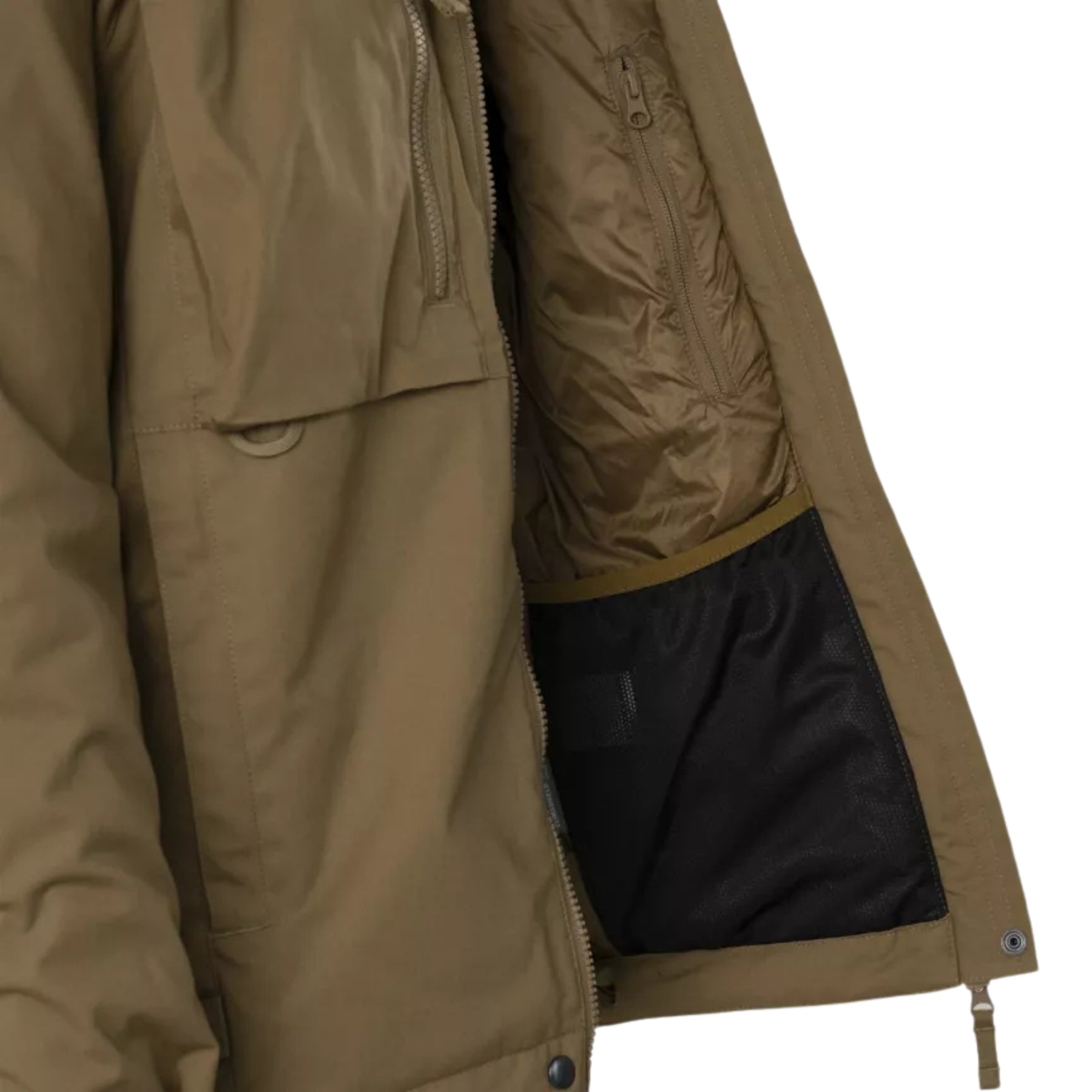 Helikon-Tex Winter Yukon Jacket giacca invernale tecnica con cappuccio regolabile imbottito, zip frontale a doppio cursore, tasche pettorali con cerniera, pannello a strappo sulla manica e fondo regolabile vista a tre quarti per outdoor