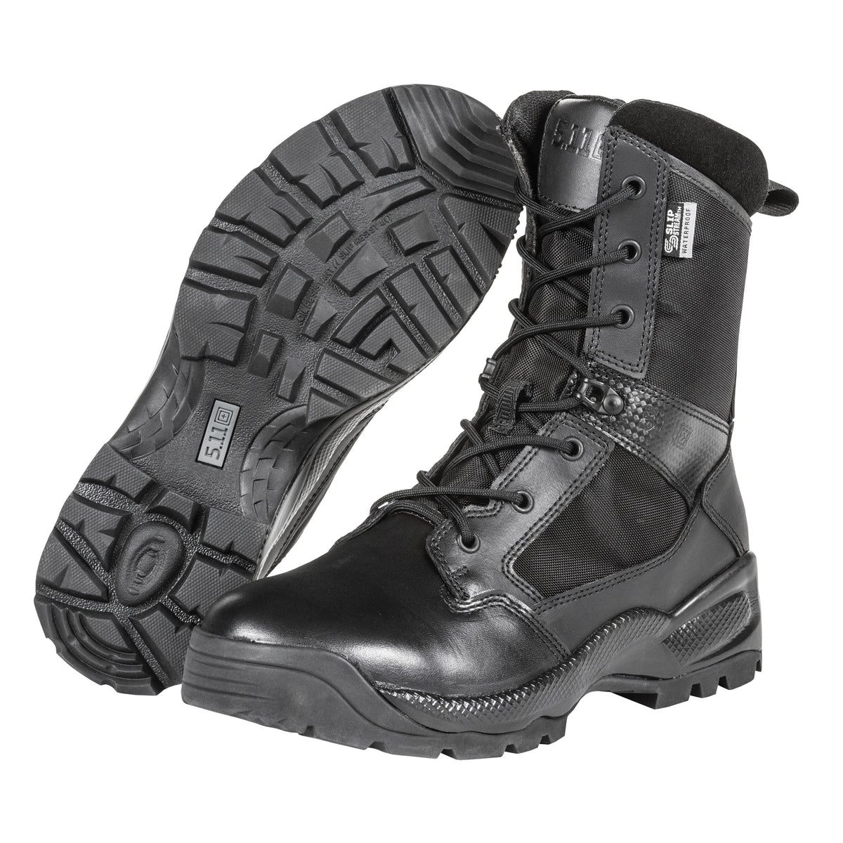 5.11 Tactical A.T.A.C. 2.0 8 Storm  anfibi tattici impermeabili da 8 pollici in pelle pieno fiore e nylon 840D con membrana SlipStream traspirante, cerniera laterale YKK, soletta Ortholite e suola antiscivolo resistente agli oli, ideali per impiego operativo e outdoor.