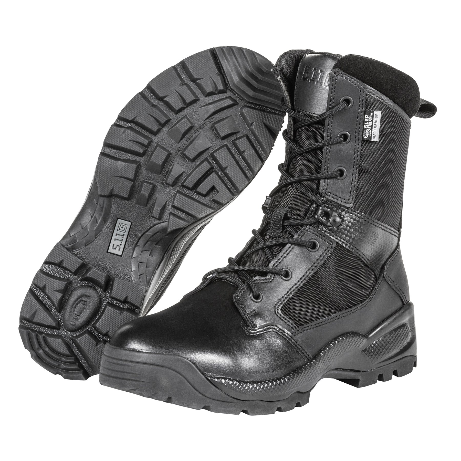 5.11 Tactical A.T.A.C. 2.0 8 Storm  anfibi tattici impermeabili da 8 pollici in pelle pieno fiore e nylon 840D con membrana SlipStream traspirante, cerniera laterale YKK, soletta Ortholite e suola antiscivolo resistente agli oli, ideali per impiego operativo e outdoor.