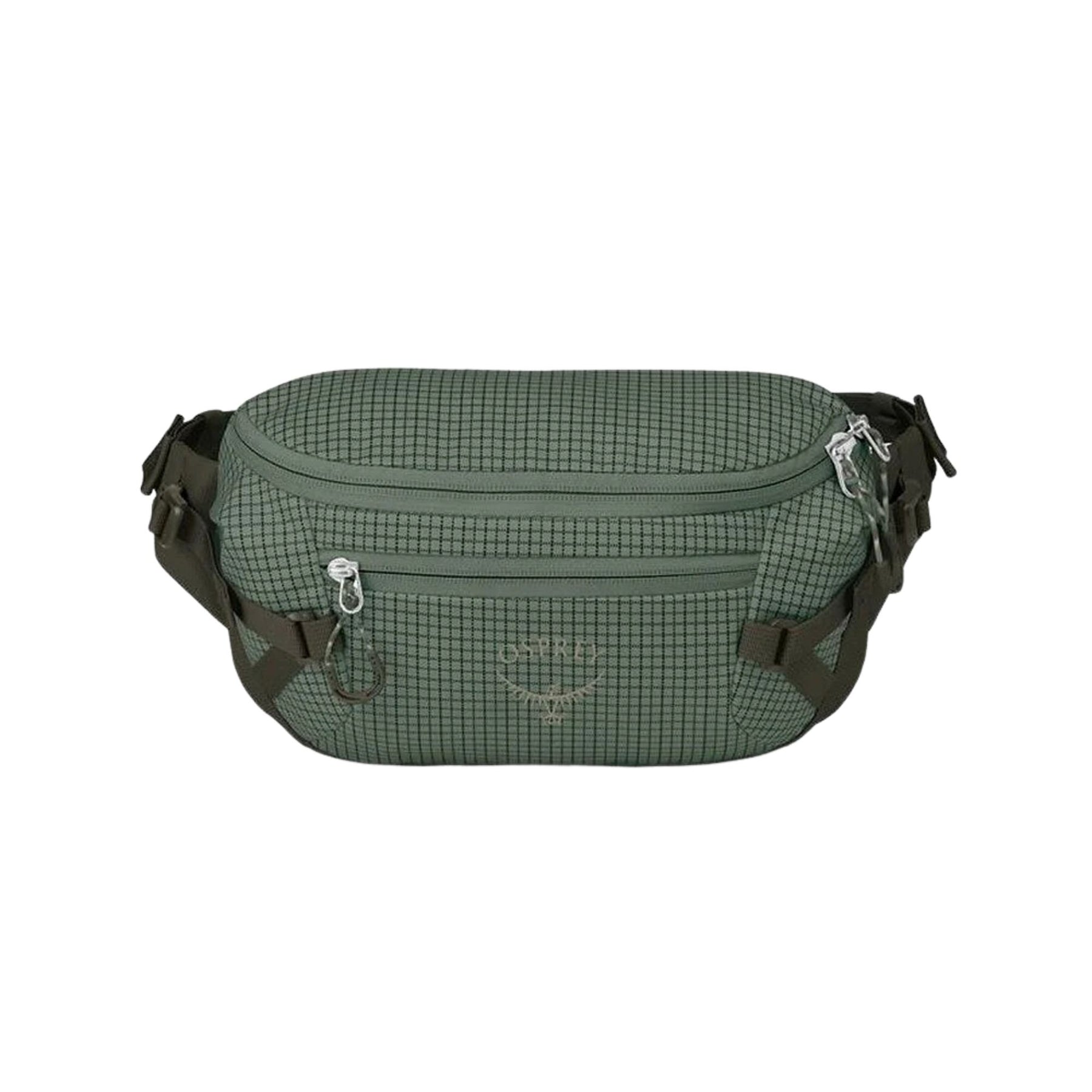 Osprey Transporter Waist Pack marsupio da 3 litri realizzato in tessuto tecnico con trama a griglia e logo frontale, dotato di tasca esterna con zip, cinghie di compressione laterali e cintura regolabile con fibbia a scatto per escursionismo e tempo libero.