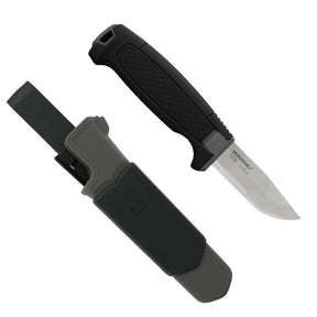 Morakniv Amberg Compact coltello a lama fissa compatto con profilo Scandi combinato, impugnatura ergonomica testurizzata ad alto grip con guardia salvadita e foro per cordino, ideale per outdoor, bushcraft ed escursionismo.