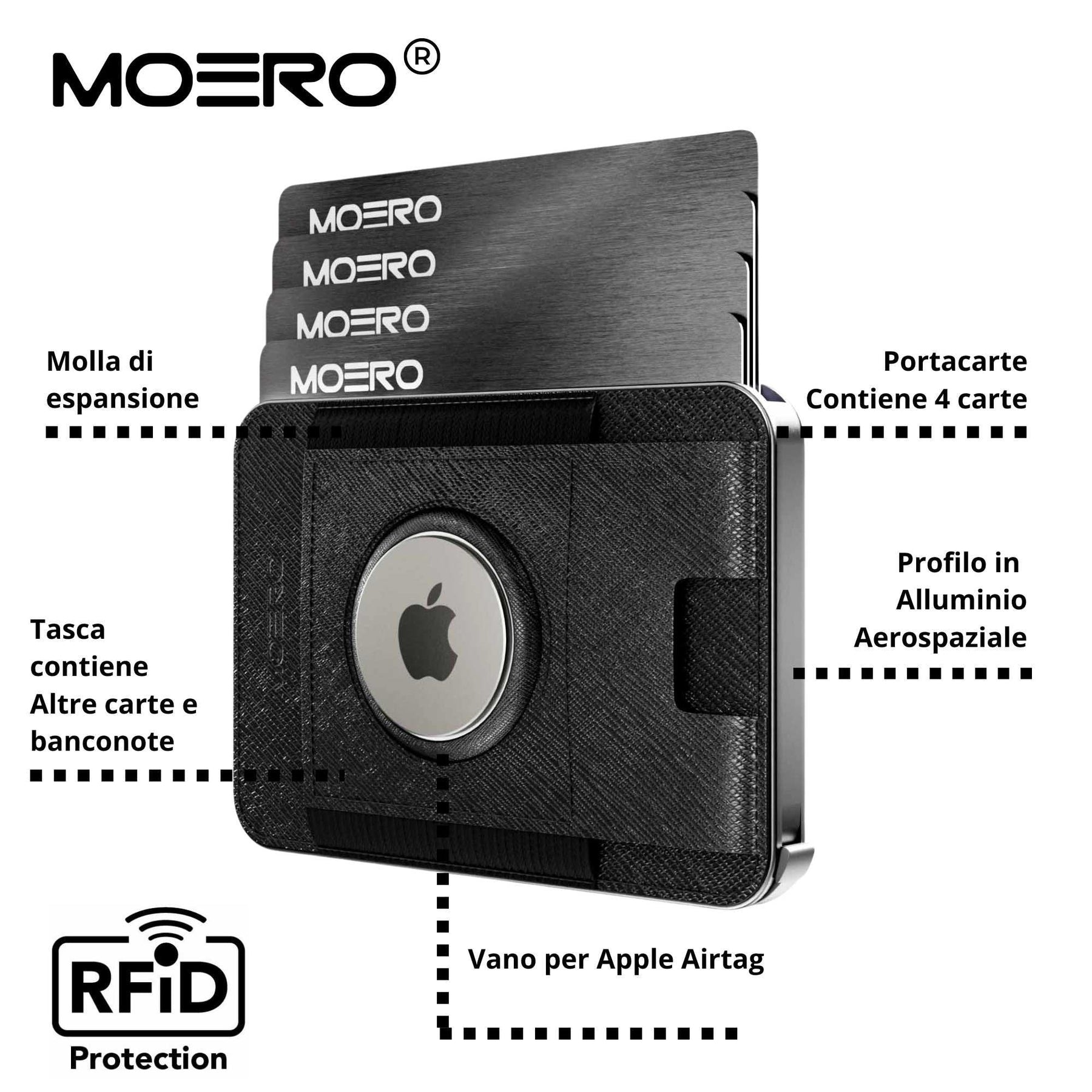 MOERO | M2 PRO AIRTAG SAFFIANO BLACK - Portafoglio MagSafe con scomparto AirTag