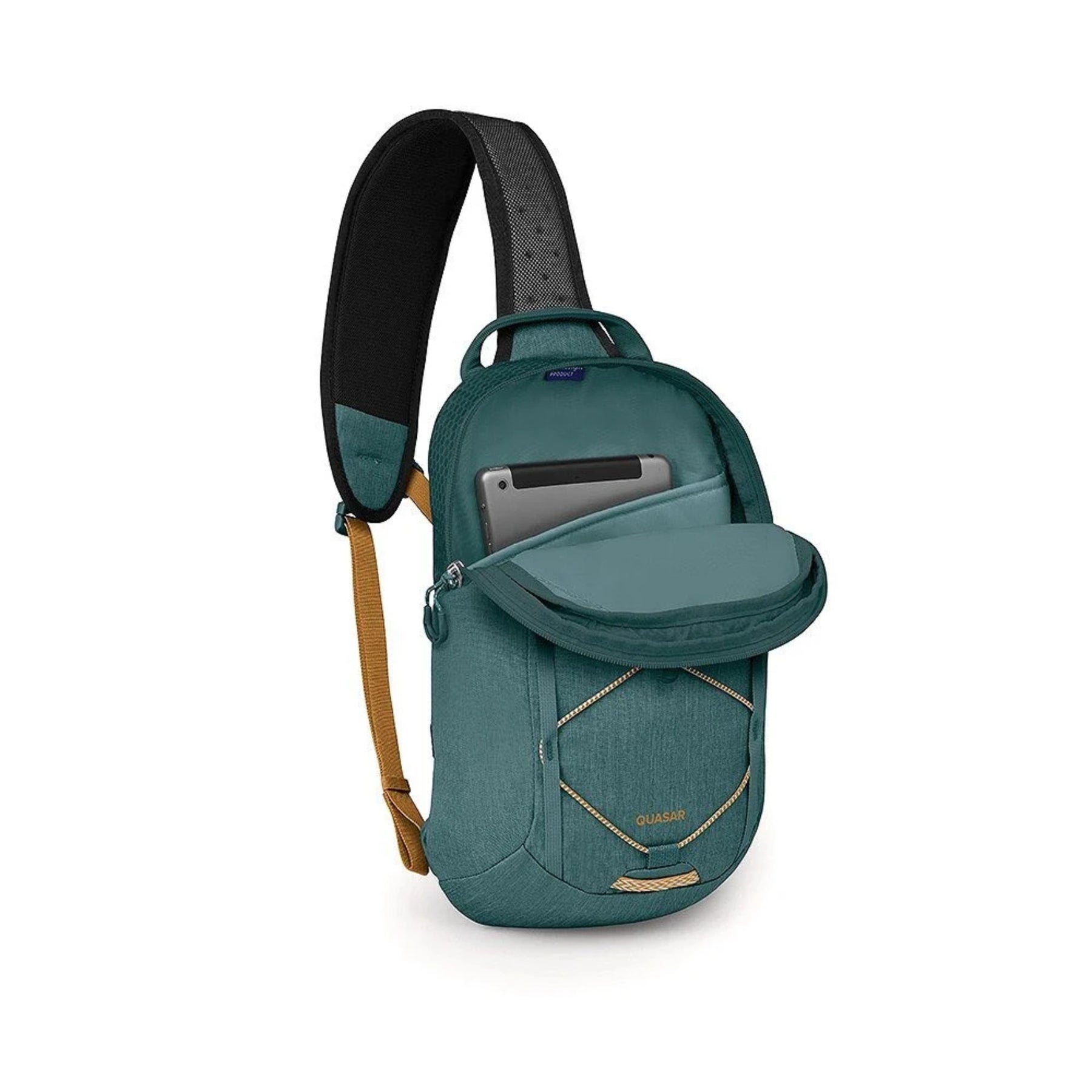 Osprey Quasar Sling borsa monospalla da 6 L adatta per l'uso quotidiano. Presenta uno spallaccio singolo imbottito e ambidestro, schienale ventilato AirScape, ampio scomparto principale con tasca per tablet, cordino elastico frontale e daisy chain per il fissaggio di attrezzatura outdoor.