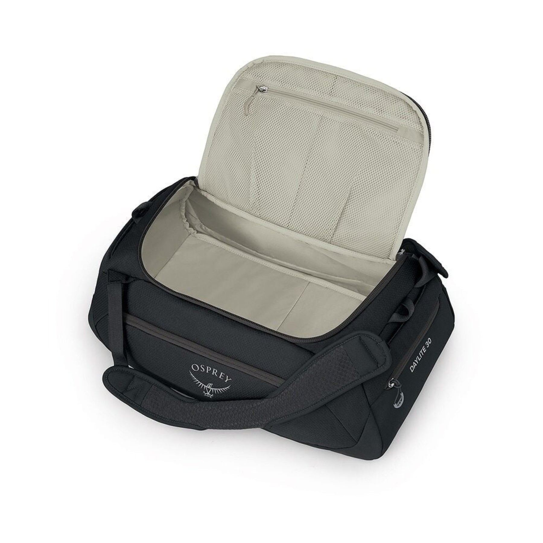 Osprey Daylite Duffel 30 borsone compatto da 30 litri in poliestere riciclato con apertura a U, tasche laterali con zip, spallacci imbottiti convertibili per trasporto a zaino o a tracolla, ideale per palestra, viaggi brevi, sport e uso quotidiano