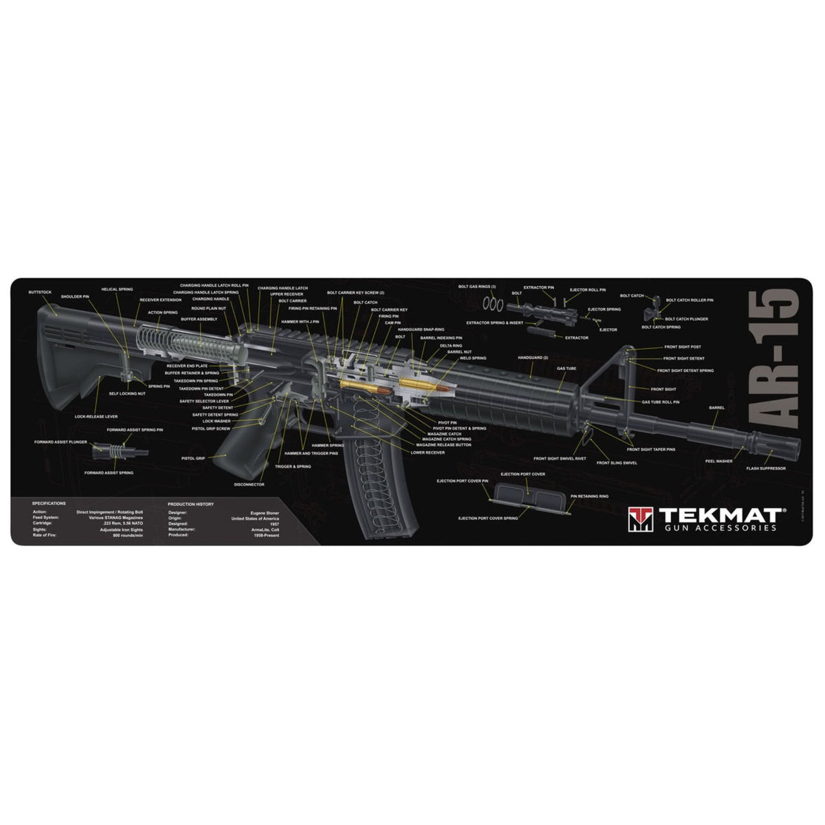 TekMat AR15 Cut Away tappetino per manutenzione armi con diagramma spaccato tecnico esploso componenti e specifiche del fucile per banco da lavoro e pulizia