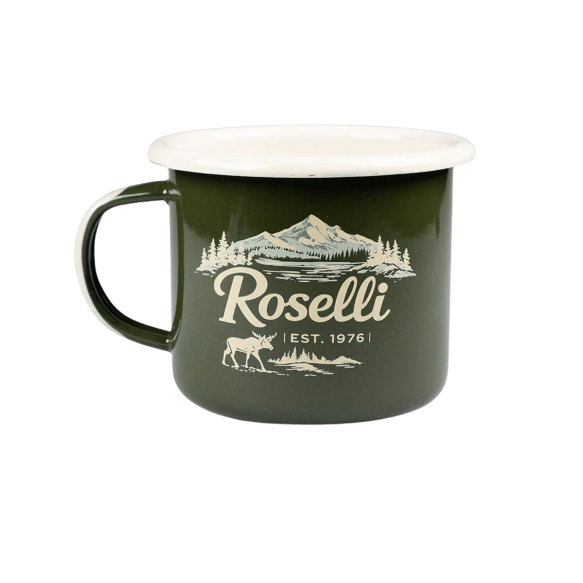 Roselli Mug Tazza smaltata per outdoor e campeggio con grafica classica con logo Roselli Est. 1976. Ideale per le tue avventure nella natura. 