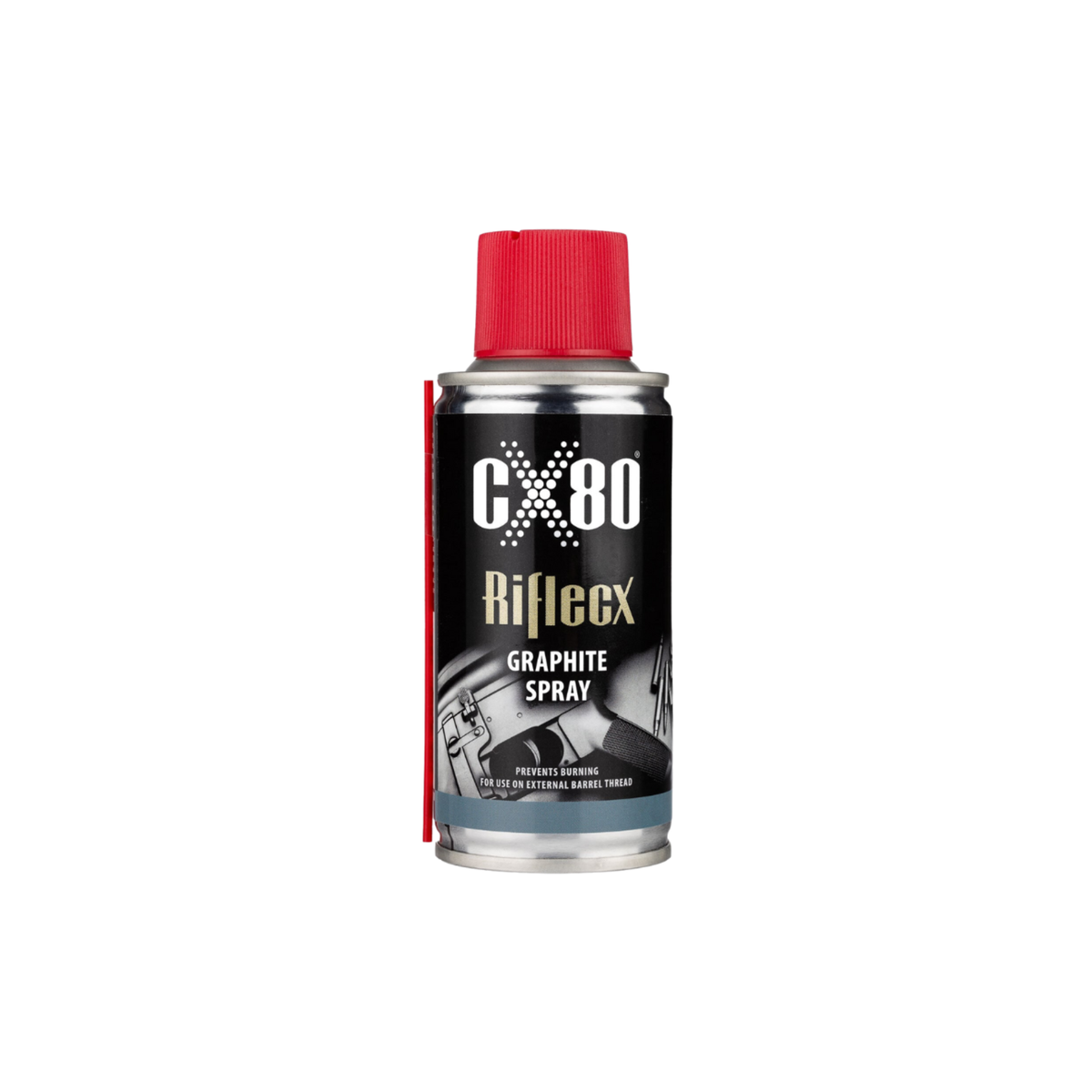 RiflecX CX80 Graphite Spray, lubrificante secco alla grafite in bomboletta con tappo rosso, previene l'usura della filettatura esterna delle canne, per la manutenzione delle armi, su backpacco.it
