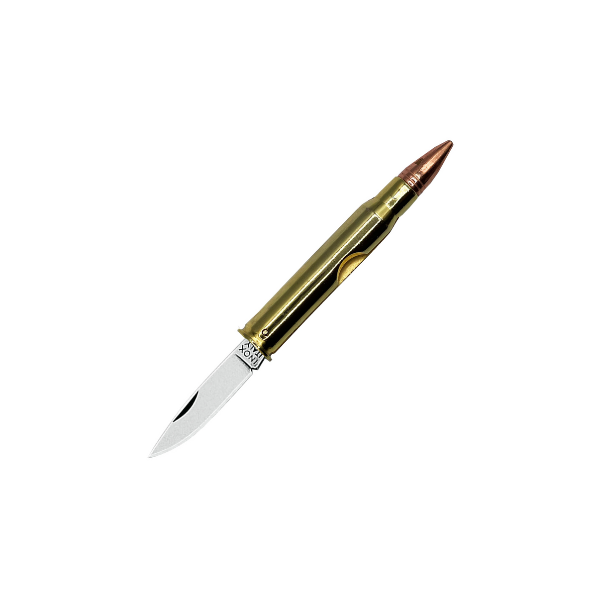 Mini coltellino FOX modello cartuccia 30-06, lama inox made in Italy, design compatto con manico in ottone stile proiettile, ideale per collezionisti e appassionati di EDC, SU BACKPACCO.IT