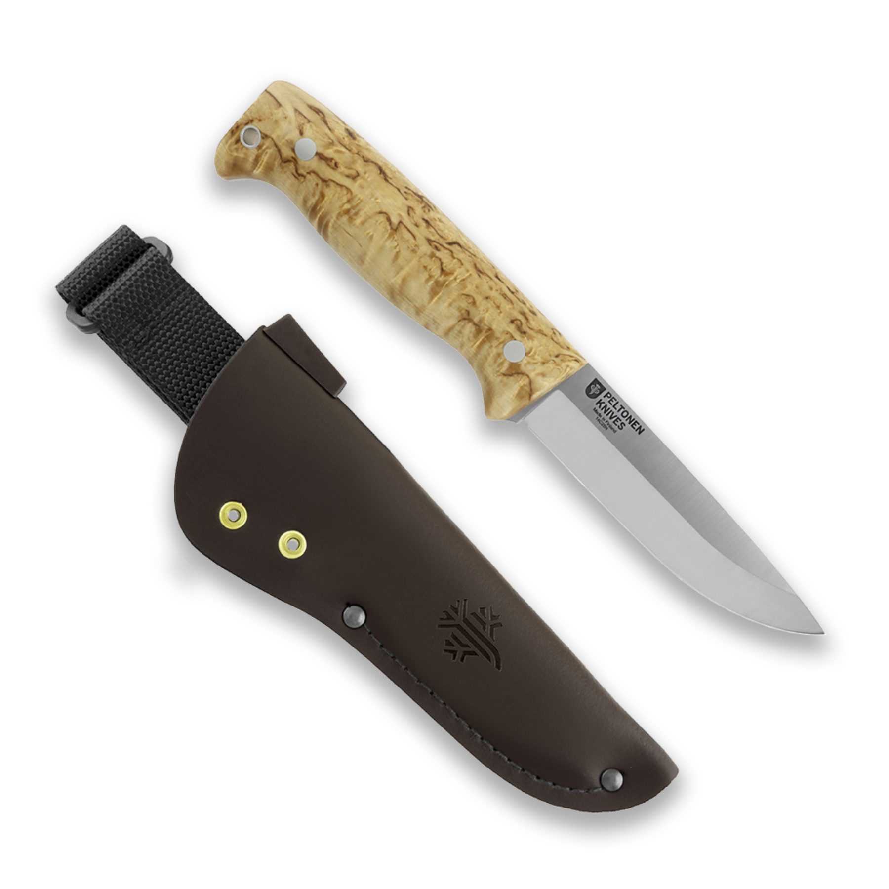 Coltello a lama fissa Peltonen M07 Ranger Puukko da bushcraft/outdoor, manico in betulla (Betulla riccia) con venature chiare, lama full tang in acciaio al carbonio, fornito con fodero in pelle marrone e passante in nylon