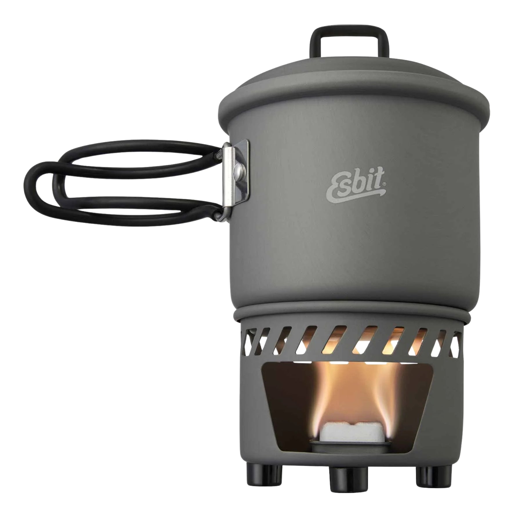 Esbit Camping Cookset fornello da campeggio a combustibile solido con pentolino, supporto frangivento e manici pieghevoli, ideale per trekking ultralight, bushcraft e kit emergenza.