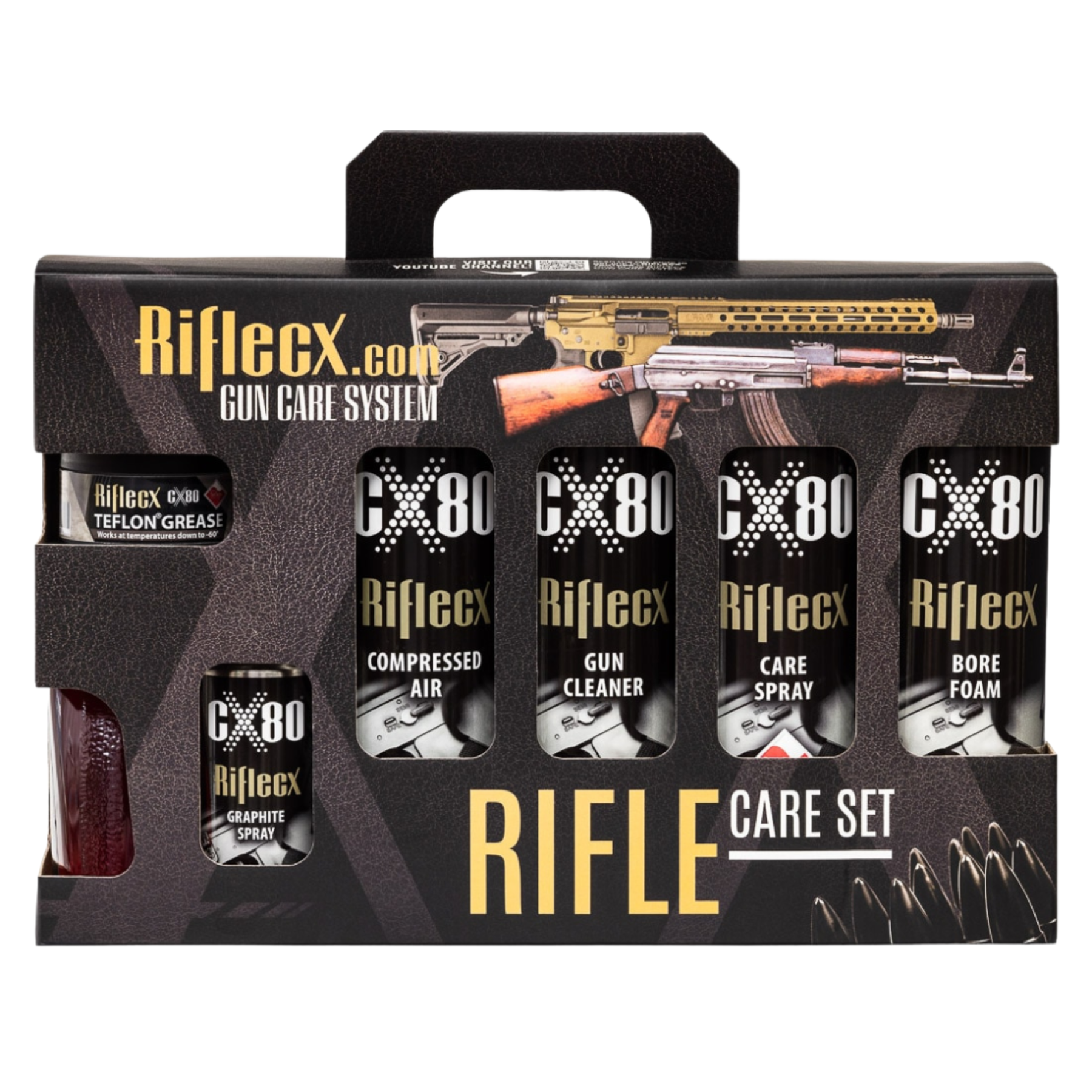 Kit completo di manutenzione per fucili Riflecx Rifle Care Set, include grasso al teflon (Teflon Grease), spray alla grafite (Graphite Spray), aria compressa (Compressed Air), Gun Cleaner, Care Spray e Bore Foam