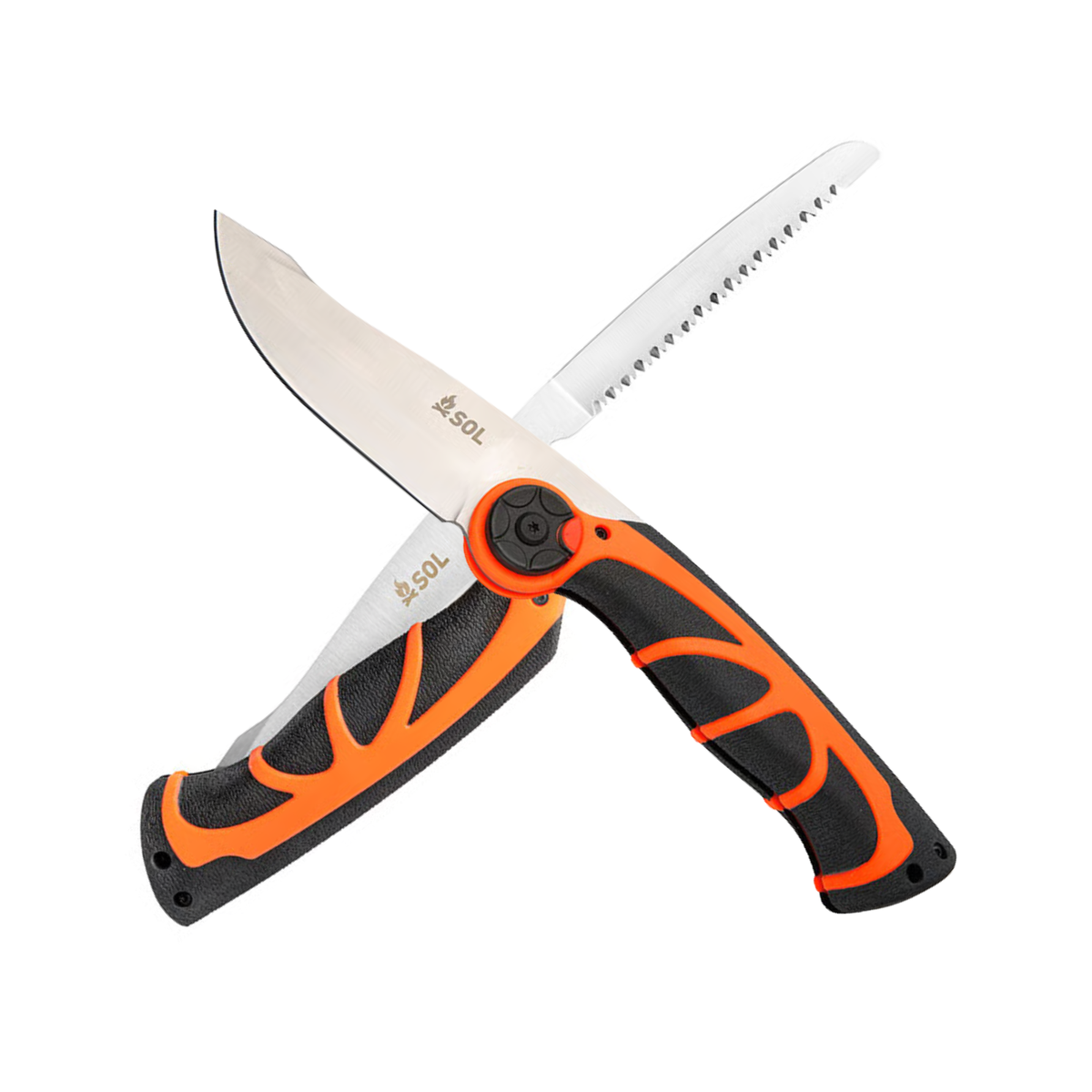 SOL Stoke Pivot Knife & Saw, coltello multiuso chiudibile con doppia lama, lama principale e seghetto pieghevole, manico nero e arancione per survival, campeggio e outdoor, su backpacco.it