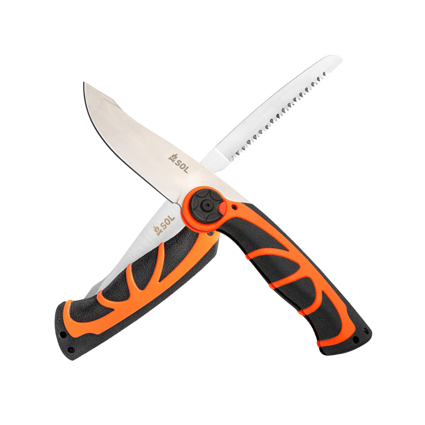 SOL Stoke Pivot Knife & Saw, coltello multiuso chiudibile con doppia lama, lama principale e seghetto pieghevole, manico nero e arancione per survival, campeggio e outdoor, su backpacco.it
