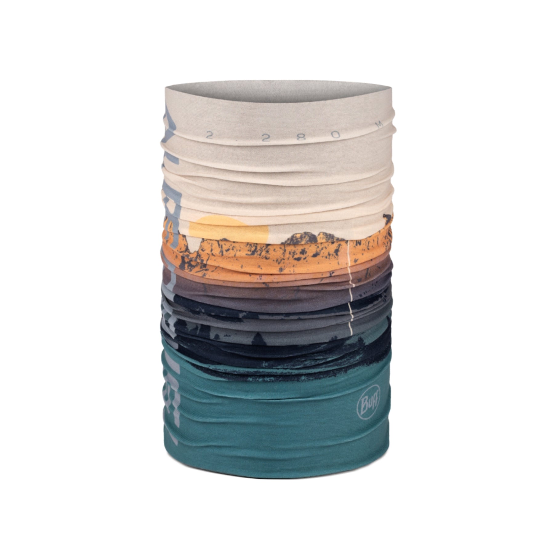 Buff Original EcoStretch Neckwear Alpe di Siusi Peak Multi scaldacollo tubolare multifunzione con protezione solare. Dettaglio del tessuto tecnico elasticizzato riciclato con grafica ispirata ai profili montuosi delle Dolomiti, posizionato in verticale su sfondo bianco per catalogo e-commerce.