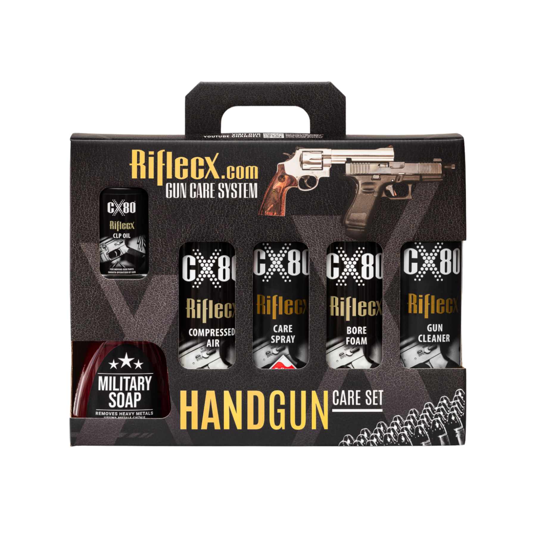 Kit completo di manutenzione per armi corte e pistole Riflecx Handgun Care Set, include Care Spray, aria compressa, sapone militare (Military Soap), Bore Foam, Gun Cleaner e olio CLP Oil, confezione regalo per la pulizia e la cura completa dell'arma corta
