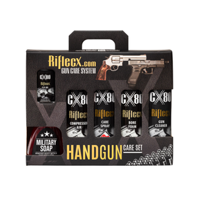 Kit completo di manutenzione per armi corte e pistole Riflecx Handgun Care Set, include Care Spray, aria compressa, sapone militare (Military Soap), Bore Foam, Gun Cleaner e olio CLP Oil, confezione regalo per la pulizia e la cura completa dell'arma corta