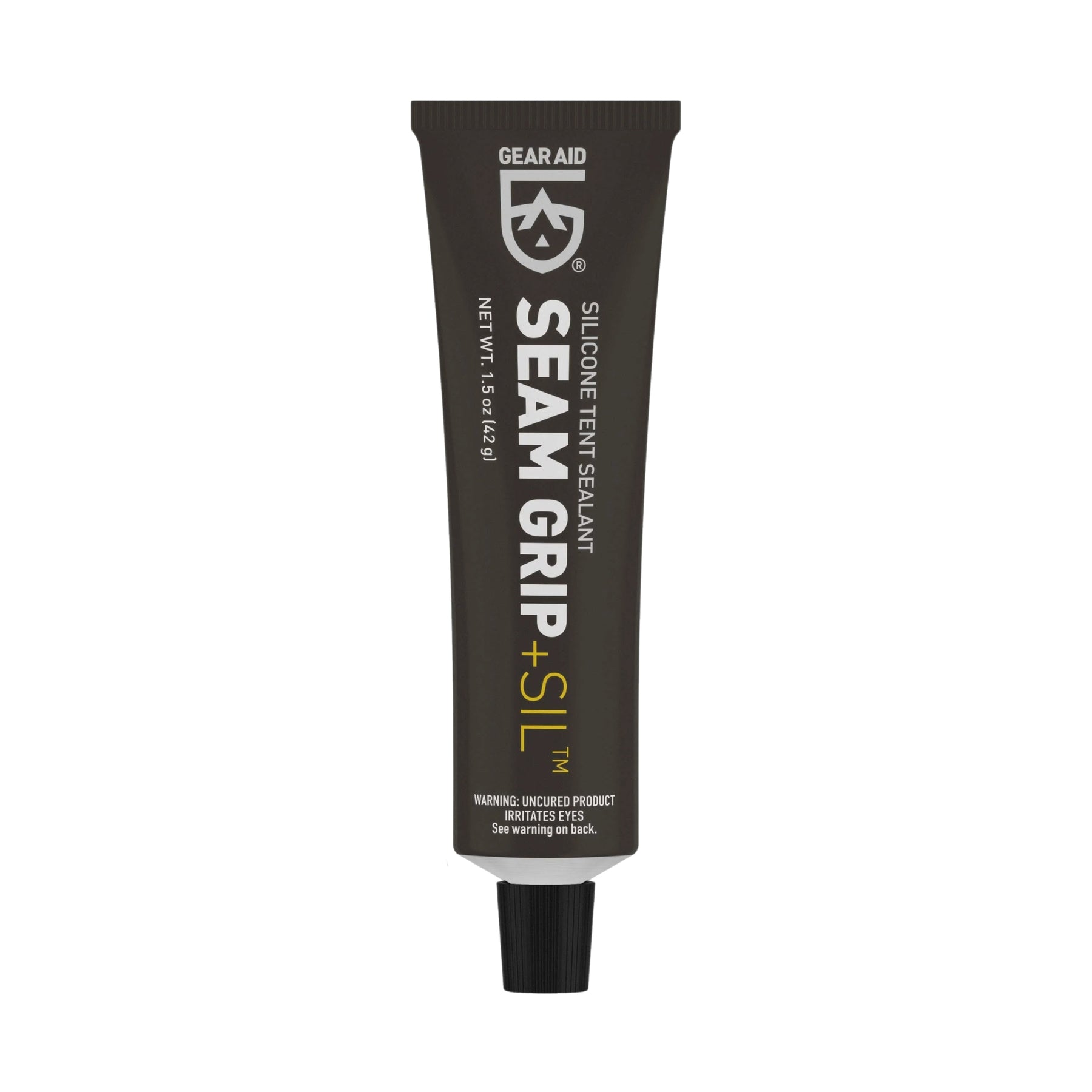 Gear Aid Seam Grip + SIL Silicone Sealant Sigillante per tende in silicone impermeabilizzante per cuciture e tessuti siliconati da 28 g o 42 in tubetto verticale per manutenzione attrezzatura outdoor su sfondo bianco.