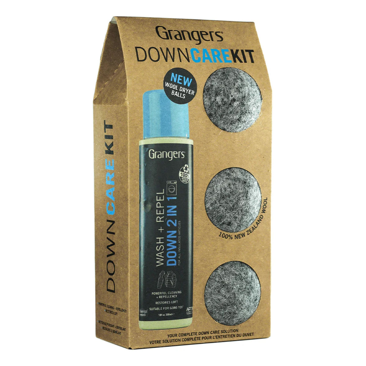 Grangers Down Care Kit set completo per la pulizia e manutenzione di capi in piuma. Include detergente Wash + Repel Down 2 in 1 da 300ml e tre palline per asciugatrice in lana della Nuova Zelanda per ripristinare il loft e la traspirabilità dei piumini.