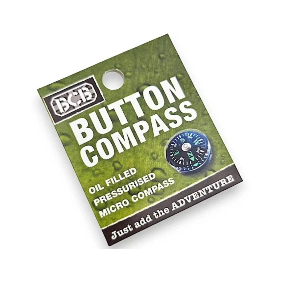 BCB Explorer Button Compass bussola a bottone micro riempita a liquido e pressurizzata per orientamento, sopravvivenza ed outdoor, confezionata su cartoncino originale Just add the Adventure