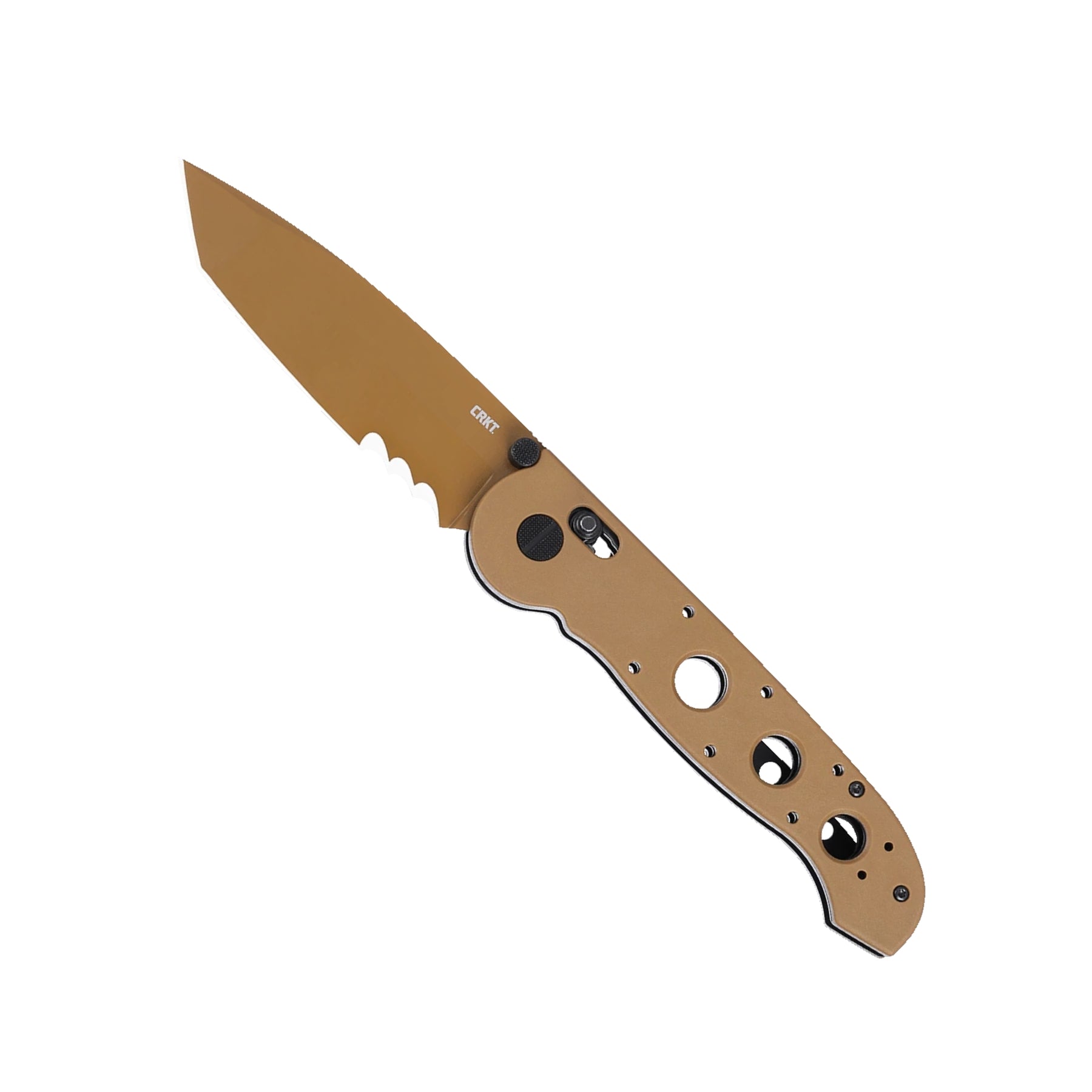 CRKT M16 Crossbar Lock coltello chiudibile tattico con lama tanto parzialmente seghettata in acciaio D2, meccanismo di blocco ambidestro e guancette forate alleggerite, ideale per EDC e uso operativo outdoor.