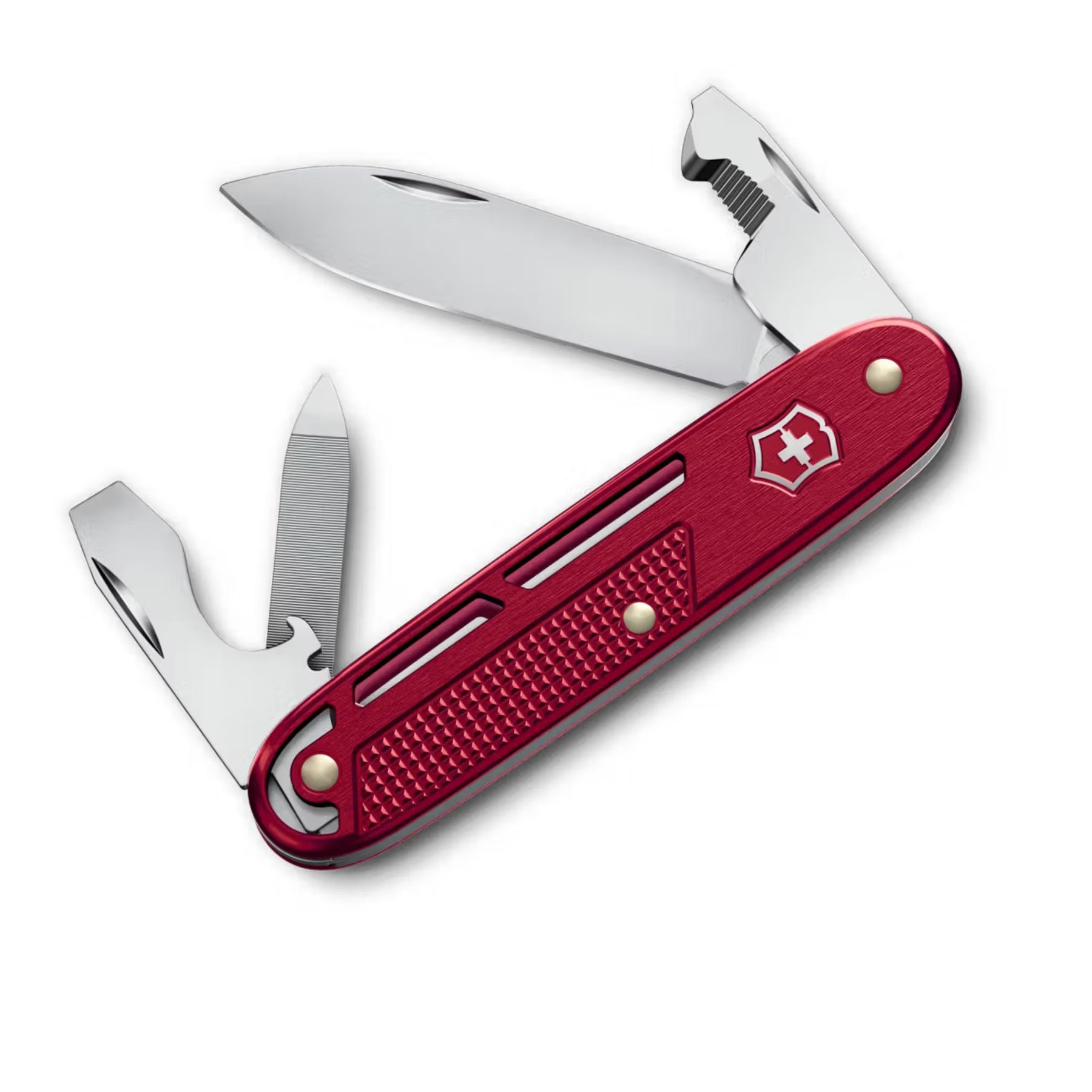Victorinox Synergy Alox. Multiuso serie Alox Refined con guancette in alluminio scheletrato e clip integrata. Dotato di 9 funzioni tra cui lama principale bloccabile, strumento apripacchi, lima e cacciaviti. Design minimalista moderno per porto quotidiano.