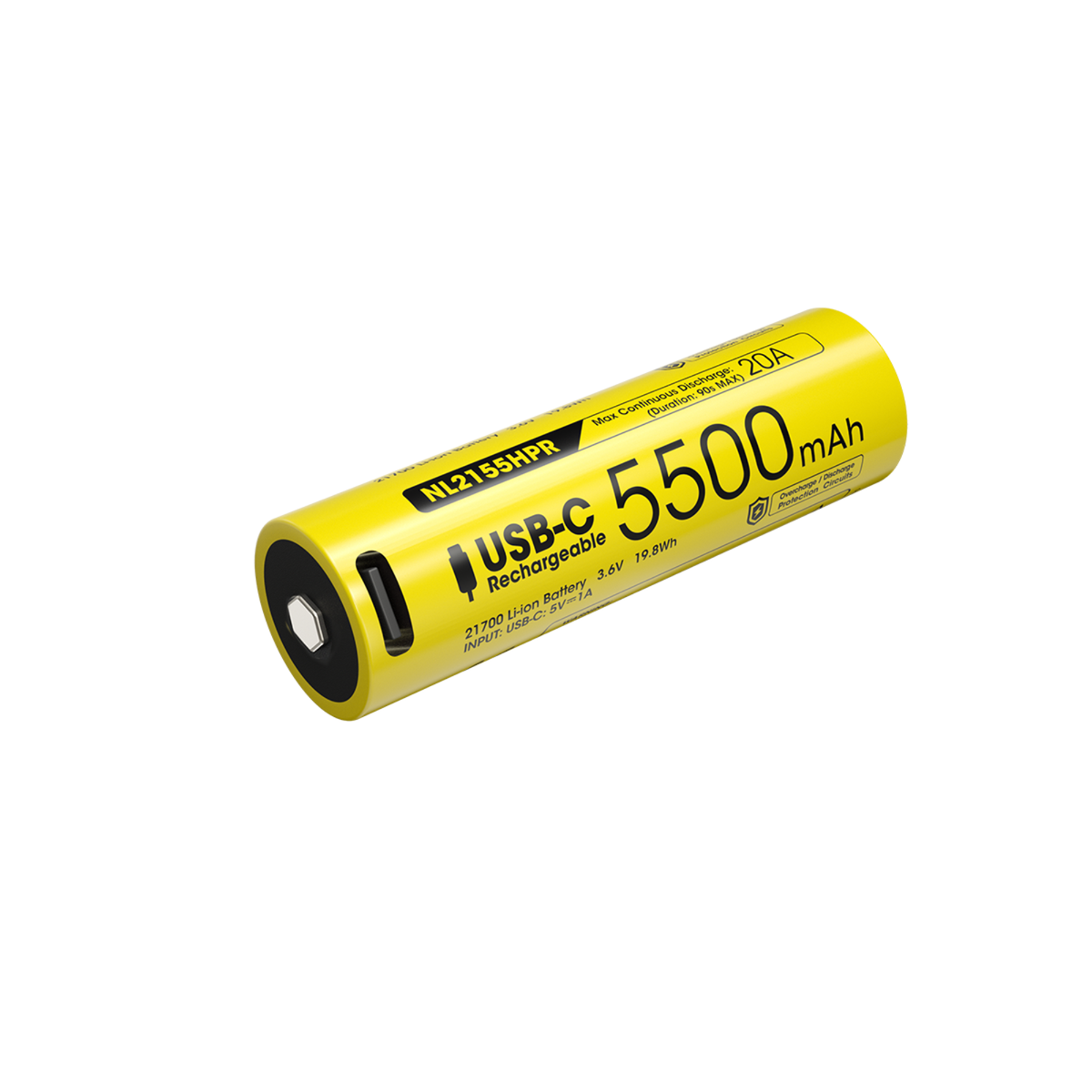 Batteria ricaricabile Nitecore NL2155HPR Li-ion 21700 da 5500 mAh, con porta di ricarica integrata USB-C e scarica continua massima di 20A, alta capacità e prestazioni per torce e dispositivi ad alto assorbimento