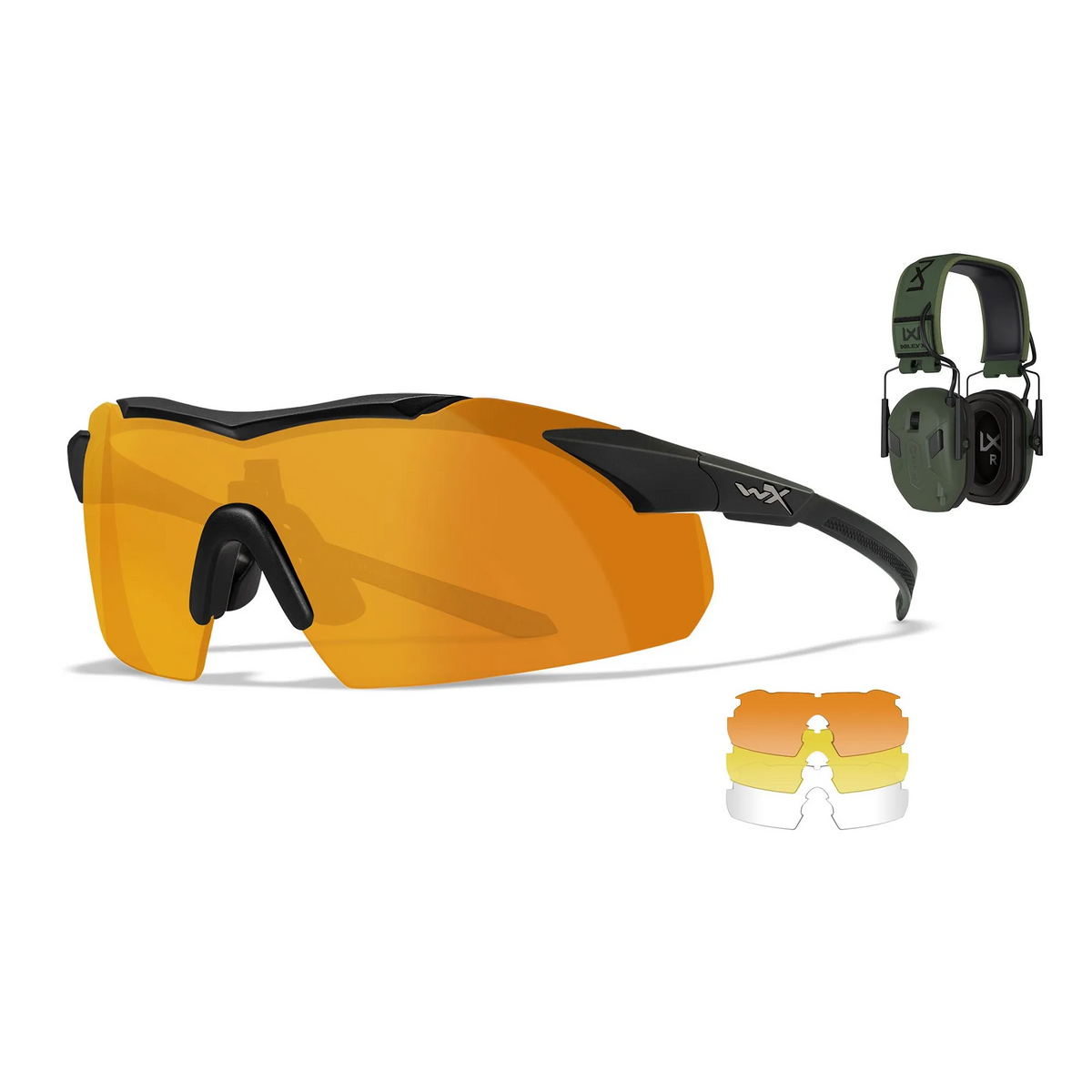 Wiley X WX Valor Comm Shooting Range Kit 3553SRK, set per poligono con occhiali balistici VAPOR con 3 lenti intercambiabili (arancione, trasparente, gialla) e cuffie antirumore verde oliva, su backpacco.it