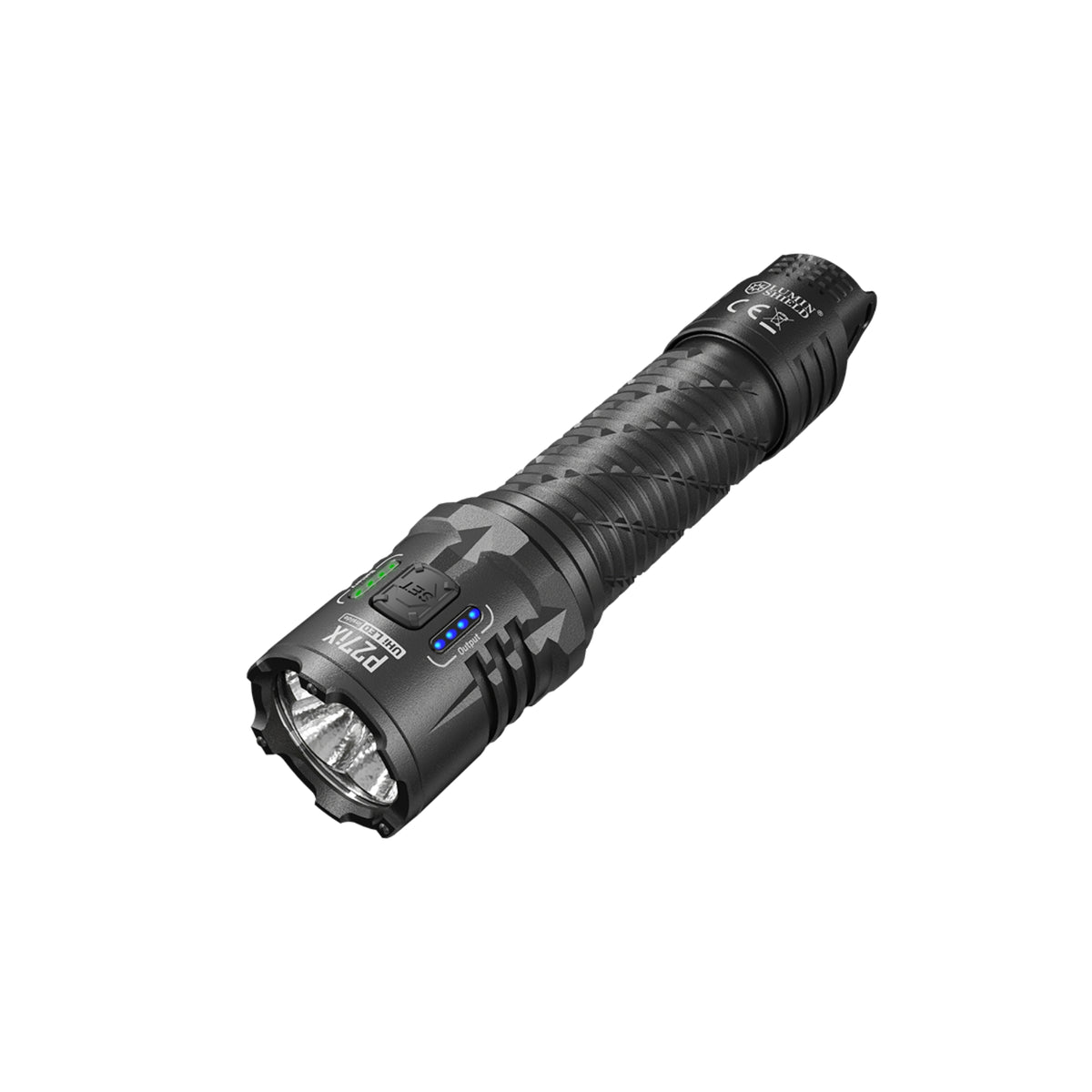 Torcia tattica ricaricabile Nitecore P27iX da 5000 lumen con corpo zigrinato ad alta presa, indicatori LED di carica e potenza, pulsante SET laterale e selettori posteriori. Ideale per uso tattico, outdoor e pattugliamento professionale.