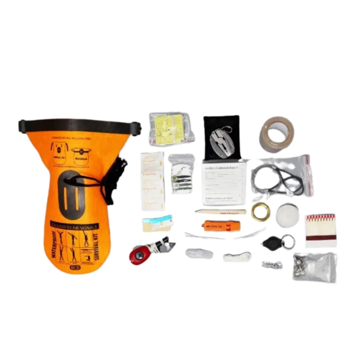 BCB Waterproof Survival Kit Kit di sopravvivenza stagno professionale da 20 pezzi contenuto in una borsa dry bag arancione ad alta visibilità. Include fiammiferi, mini coltello, bussola, compresse potabilizzanti, specchio Mayday, fischietto, matita e kit pesca per emergenze outdoor e nautiche.