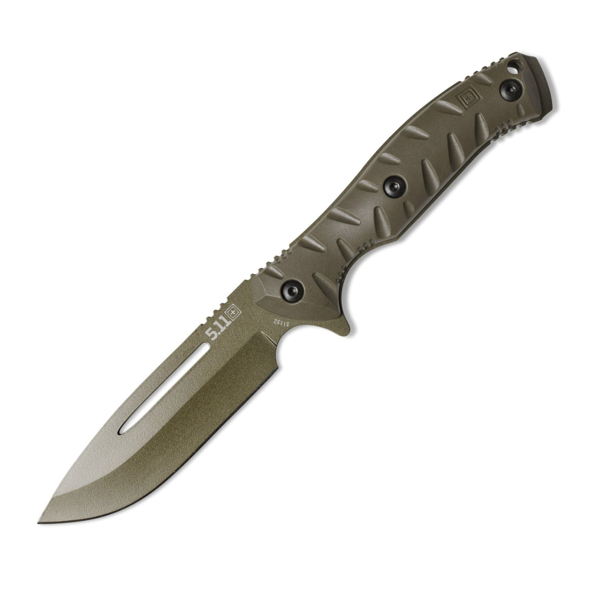 5.11 CFK4 Field Knife Coltello a lama fissa con design drop point e scanalatura di alleggerimento sulla lama. Impugnatura ergonomica in polimero testurizzato con viti di fissaggio a vista e foro per cordino ideale per outdoor e bushcraft.