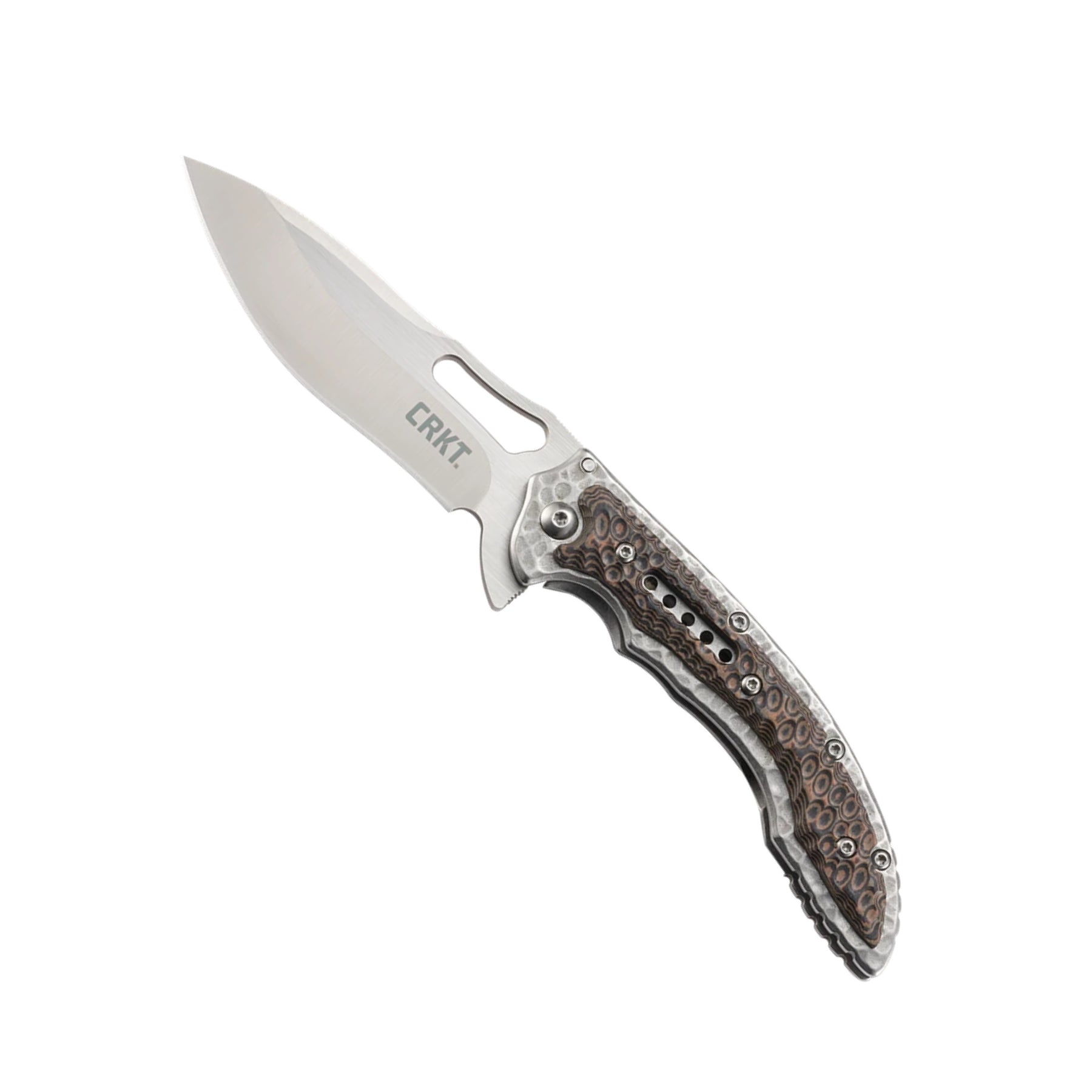 CRKT Fossil coltello chiudibile con apertura flipper su cuscinetti a sfera IKBS, lama drop point in acciaio 8Cr13MoV, guancette con lavorazione martellata e clip da tasca, robusto e versatile per uso EDC, campeggio e attività outdoor.