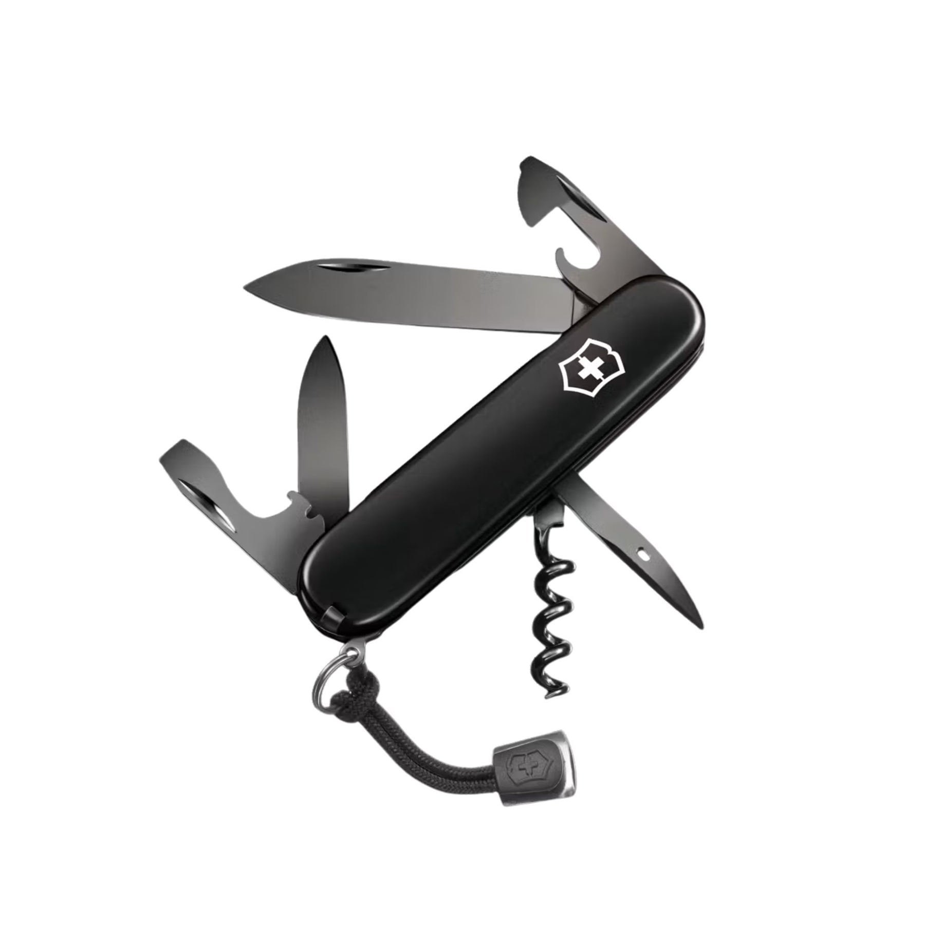 Victorinox Spartan Onyx Black coltellino multiuso con 13 funzioni tra cui lama grande, lama piccola, cavatappi e apriscatole caratterizzato da una finitura nera monocromatica lucida ottenuta tramite processo polispettrale per un design elegante e resistente.