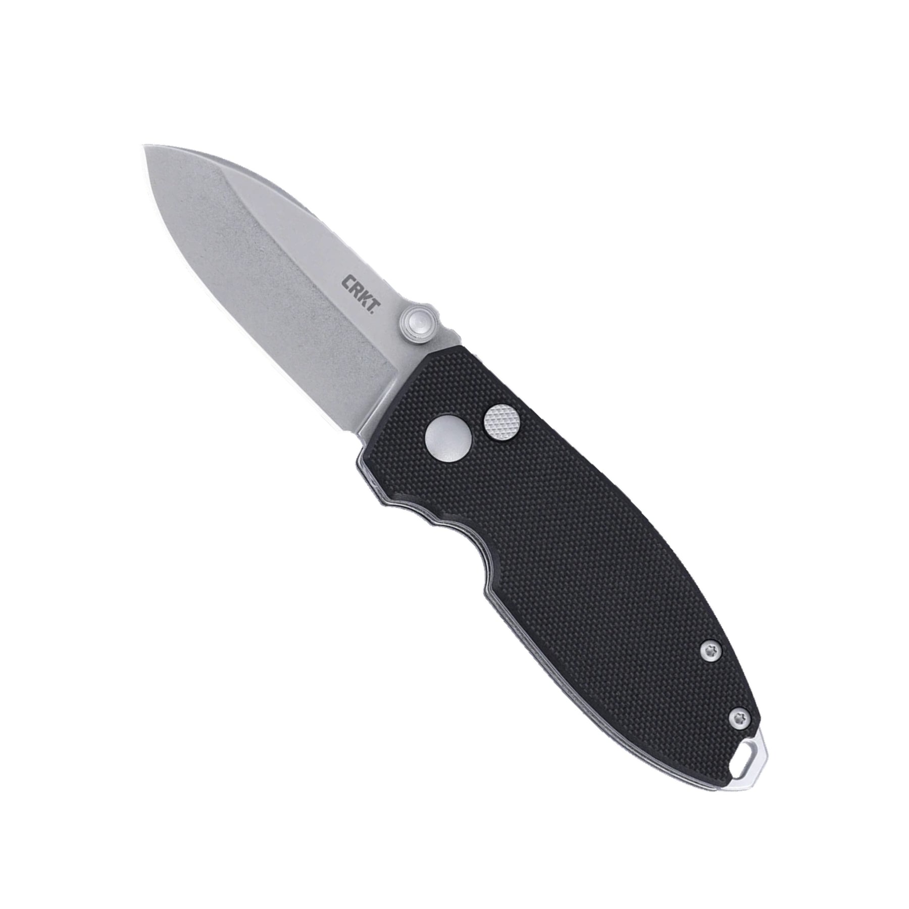 CRKT Squid Button Lock 2474 coltello chiudibile EDC con lama drop point stonewash, thumb stud per apertura rapida, meccanismo di sicurezza button lock e impugnatura ergonomica testurizzata con foro per cordino, ideale per escursionismo e outdoor.