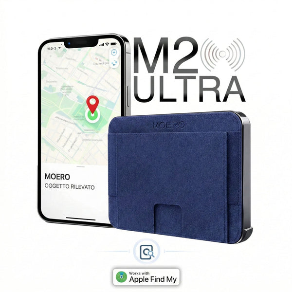 MOERO | M2 ULTRA ALCANTARA BLUE - Portafoglio MagSafe con localizzatore