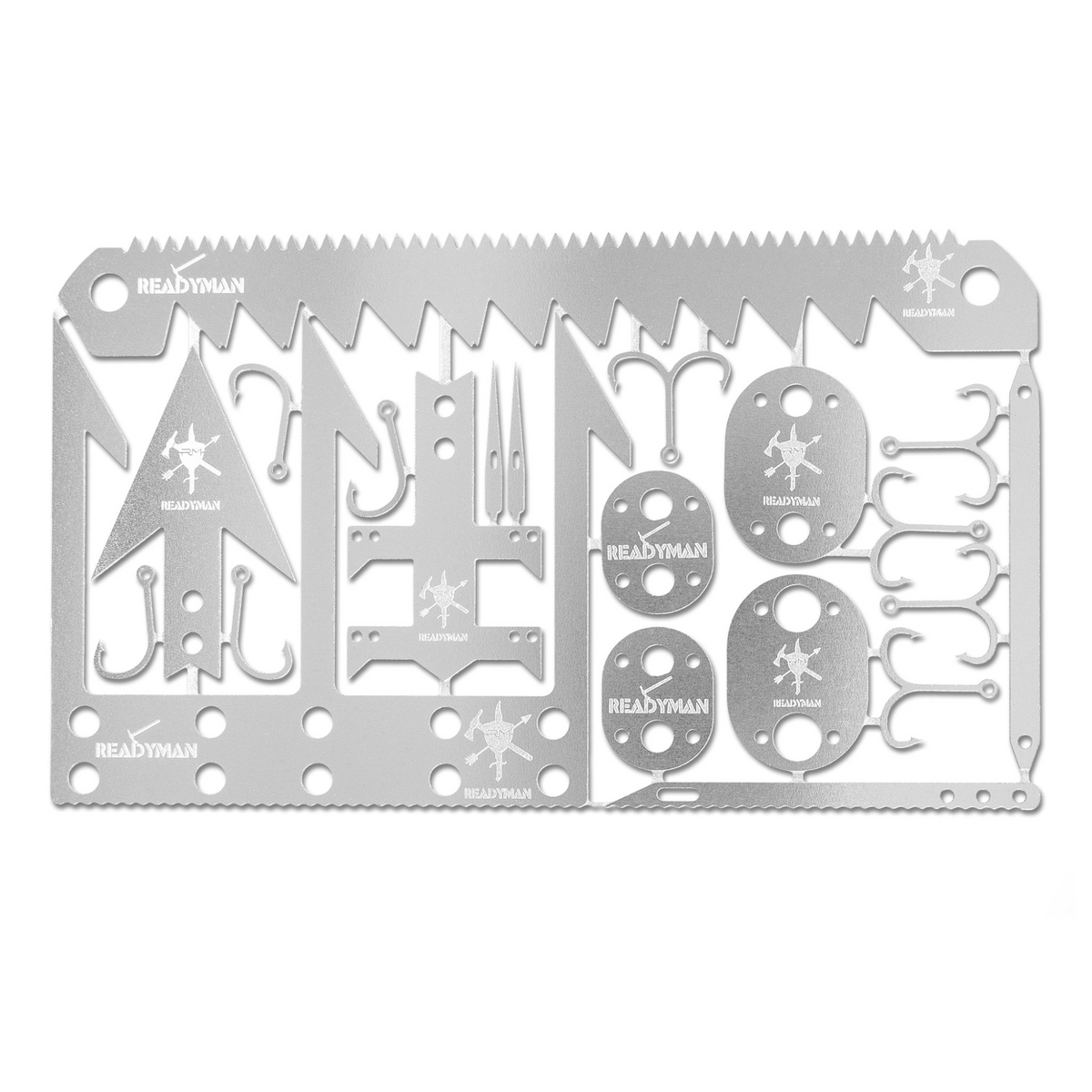 Card READYMAN Wilderness Survival 2.0 con lame, ami, punte da caccia e utensili da sopravvivenza, kit compatto per outdoor e emergenze su Backpacco.it