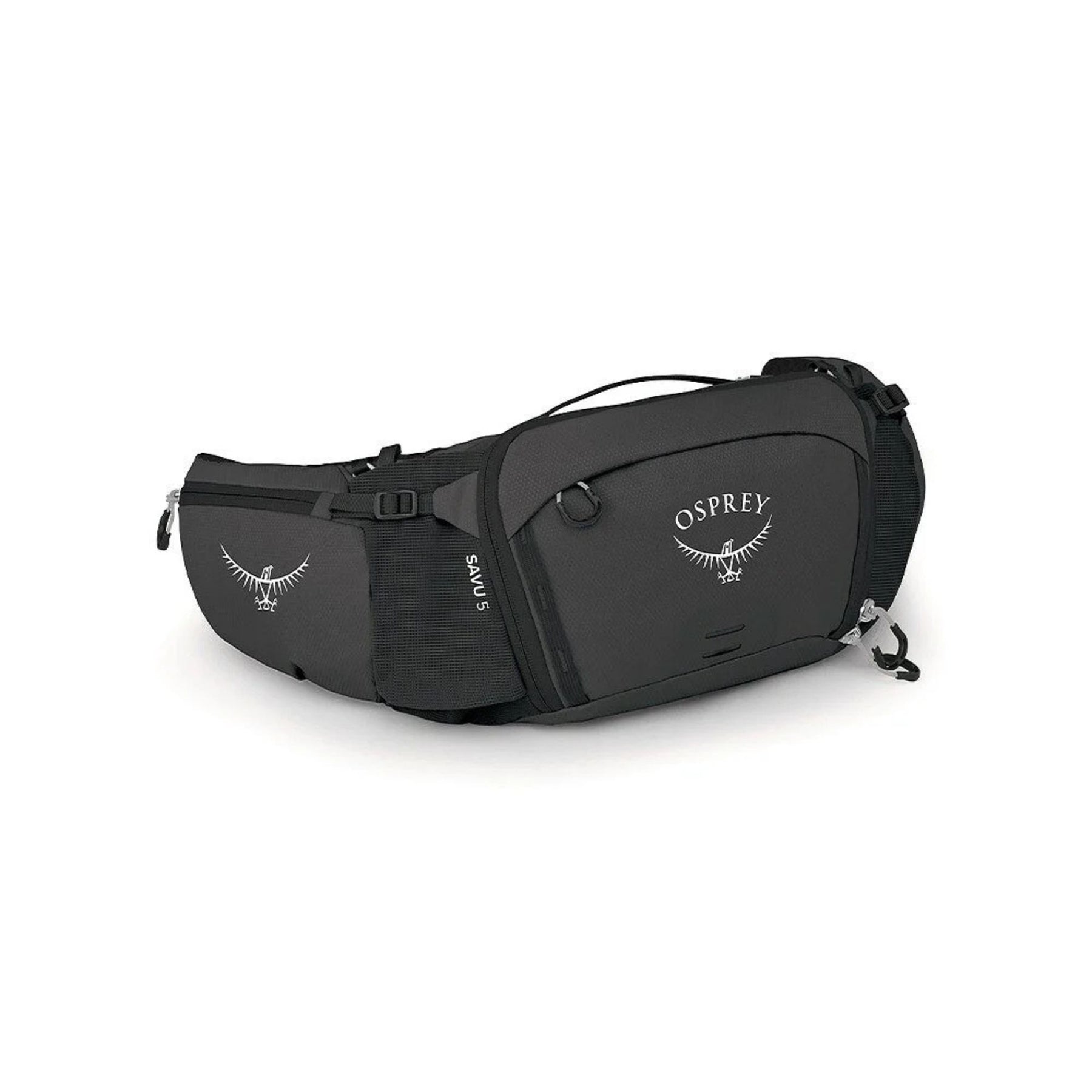 Osprey Savu 5 cintura da ciclismo con capacità 5 litri e tasche per borracce a scomparsa. Marsupio ergonomico per mountain bike con schienale traspirante AirScape e ampi scomparti per attrezzi e snack, ideale per escursioni e trail.