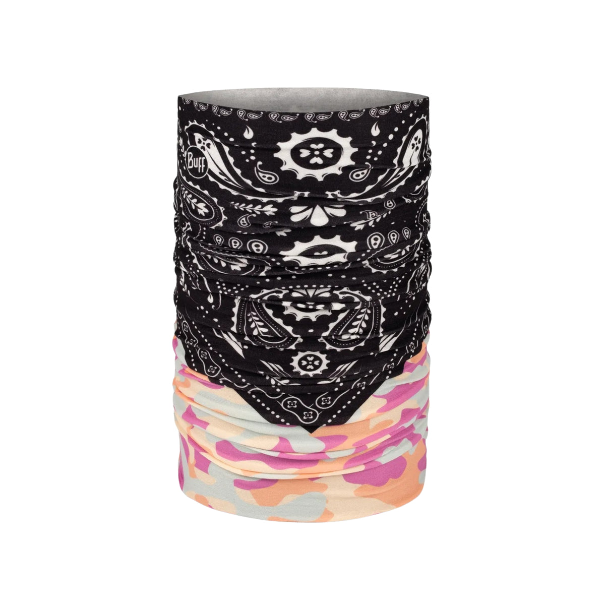 Buff Original EcoStretch Neckwear CAMO CASH PINK scaldacollo tubolare multifunzione con protezione solare. Dettaglio del tessuto tecnico elasticizzato riciclato con grafica ispirata ai profili montuosi delle Dolomiti, posizionato in verticale su sfondo bianco per catalogo e-commerce.