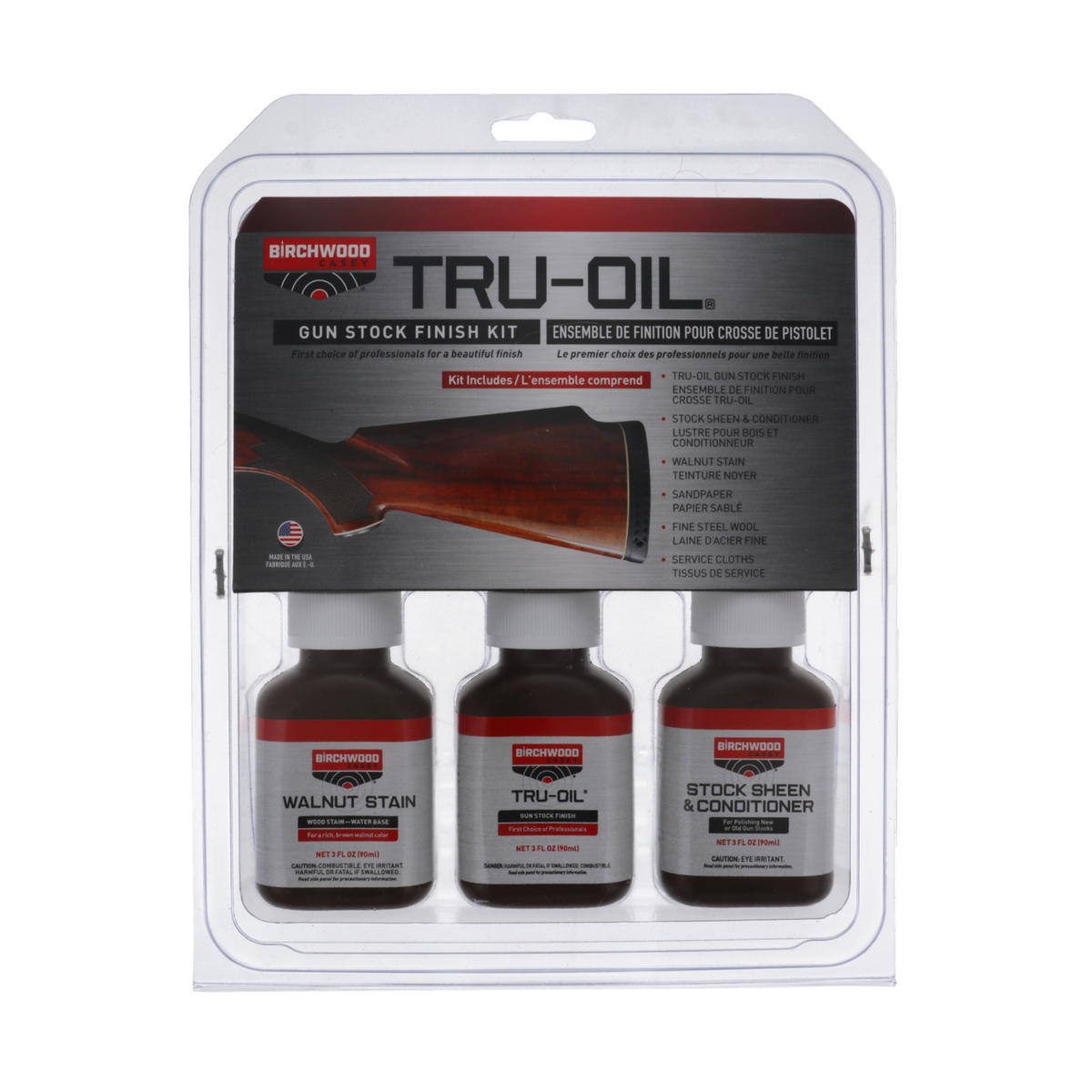 Kit di finitura per calci di fucile BIRCHWOOD CASEY TRU-OIL GUN STOCK FINISH con olio Tru-Oil, mordente noce e lucidante - ideale per restauro e manutenzione armi in legno, su backpacco.it