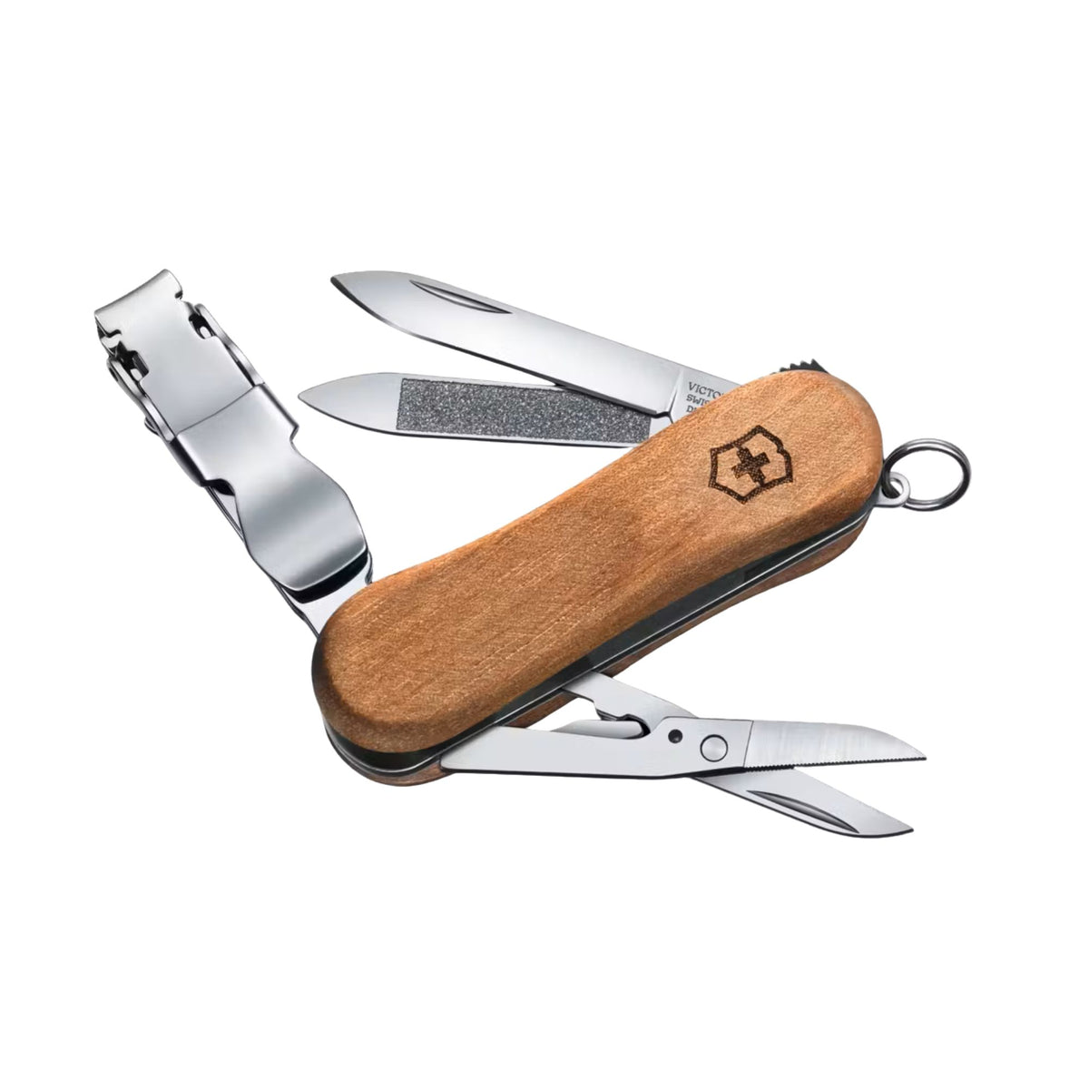 Victorinox Nail Clip 580 Wood Multitool tagliaunghie con guance in elegante legno di noce dotato di lama lima per unghie forbici microdentate e anello portachiavi ideale per la cura personale quotidiana