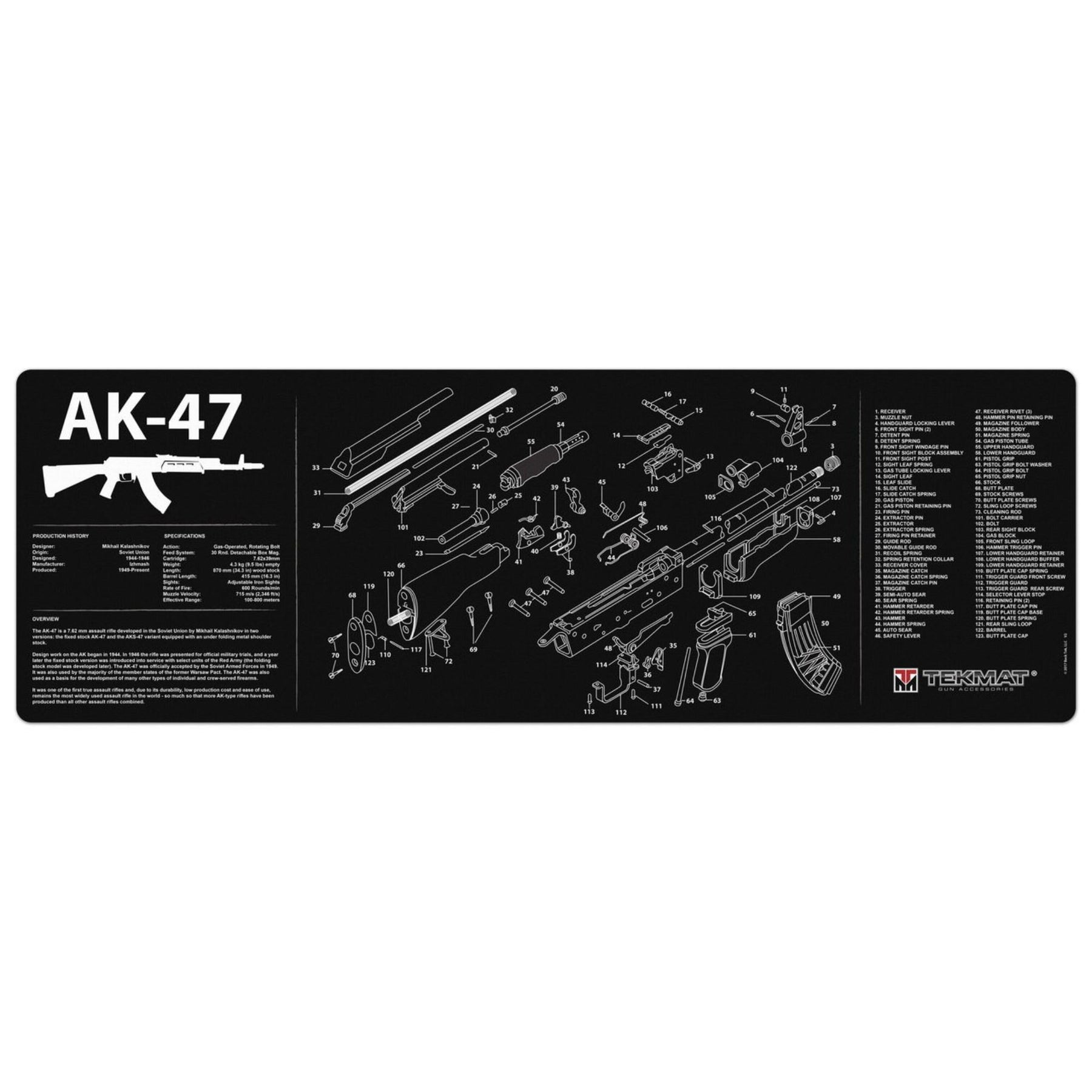 TekMat AK47 Gun Cleaning Mat tappetino per manutenzione armi con schema esploso dettagliato e specifiche tecniche