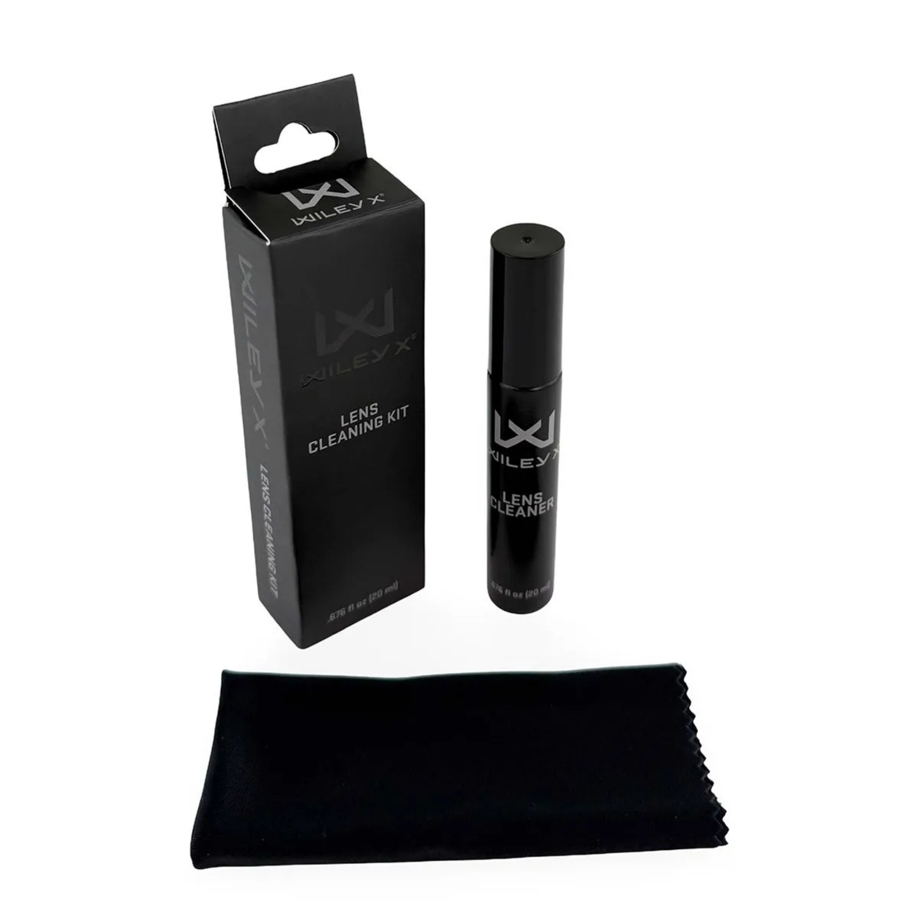 Wiley X WX Lens Cleaning Kit set pulizia occhiali. Include flacone spray detergente da 20ml e panno in microfibra specifico. Rimuove sporco e impronte senza danneggiare i trattamenti delle lenti balistiche e montature tattiche.