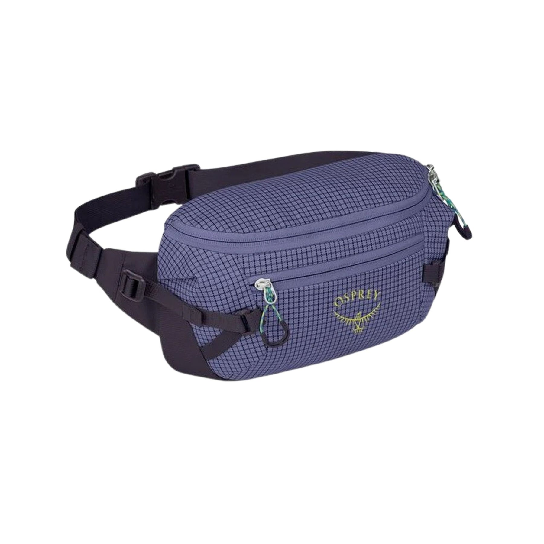 Osprey Transporter Waist Pack marsupio da 3 litri realizzato in tessuto tecnico con trama a griglia e logo frontale, dotato di tasca esterna con zip, cinghie di compressione laterali e cintura regolabile con fibbia a scatto per escursionismo e tempo libero.