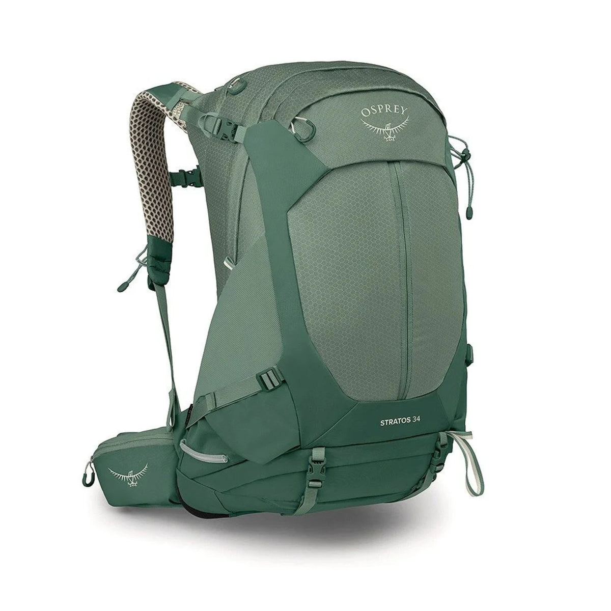 OSPREY Stratos 34 Zaino da trekking uomo con schienale ventilato AirSpeed e sistema Stow-on-the-Go per bastoncini. Struttura ergonomica con tasche sulla cintura addominale, scomparto inferiore separato e copertura antipioggia integrata. Attrezzatura tecnica Collezione 2026 per escursioni giornaliere.
