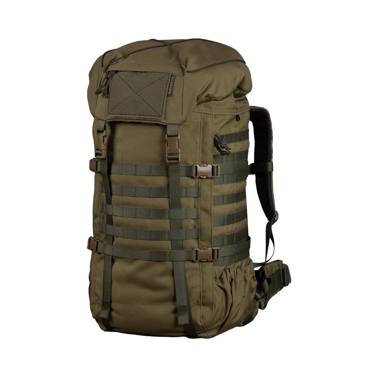 Zaino tattico SAVOTTA KANTAMUS 60L con sistema MOLLE, spallacci imbottiti e cintura ventrale, ideale per escursioni, campeggio e uso militare, disponibile su backpacco.it